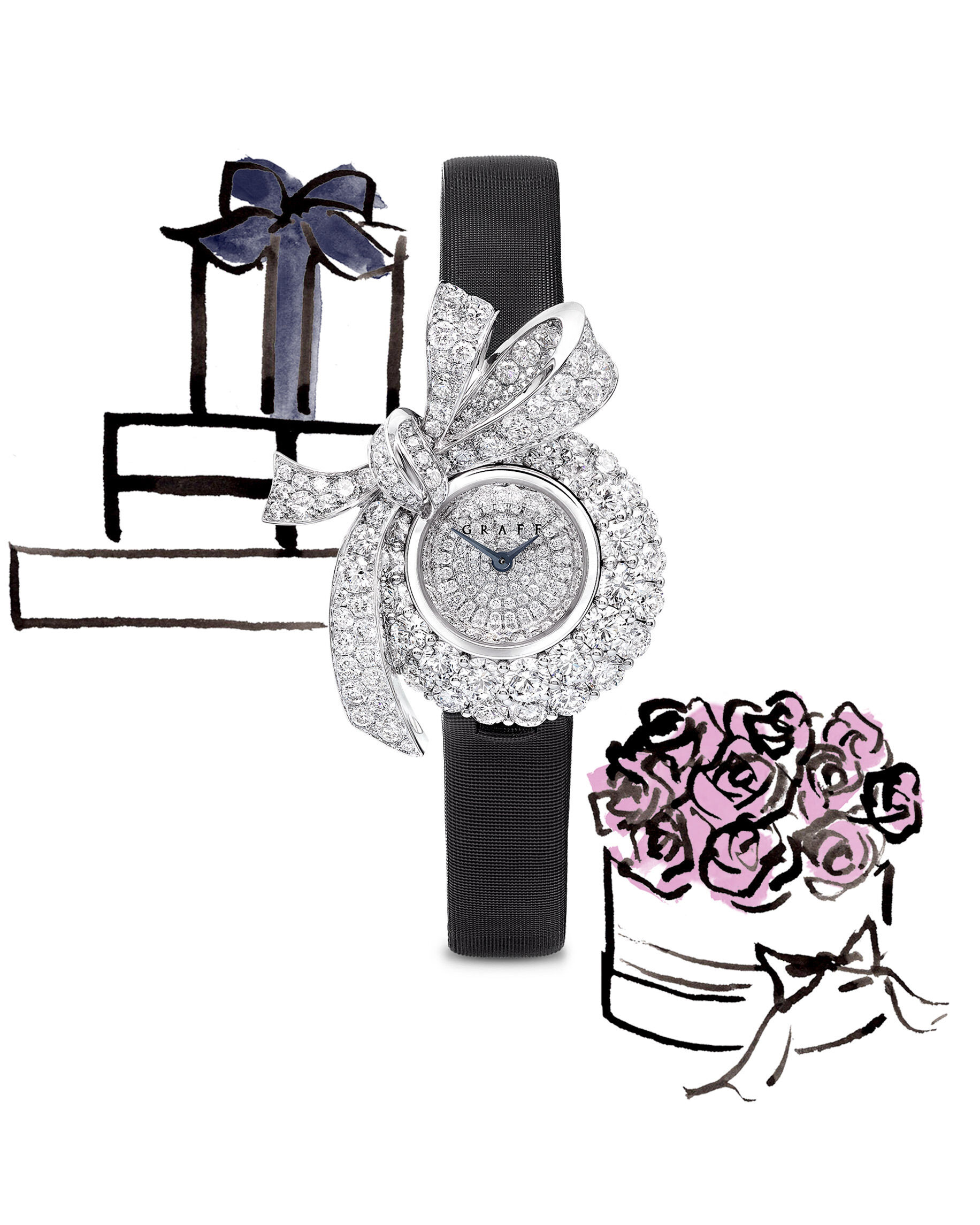 Image of Graff Spiral watch with pink satin strap, pink mother of pearl, rose gold and diamonds