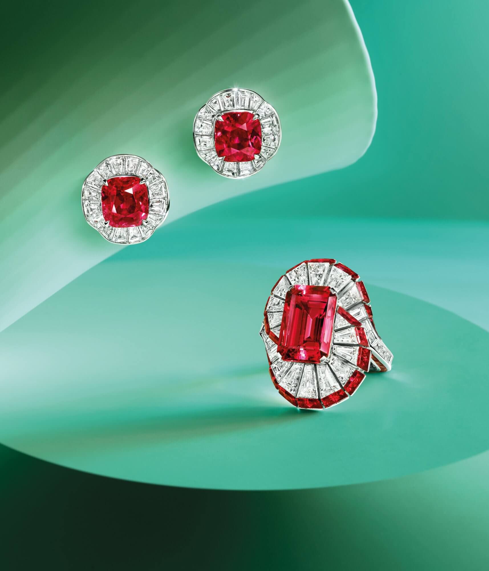 Graff Ruby and Diamond Ring and Earrings on greeny background