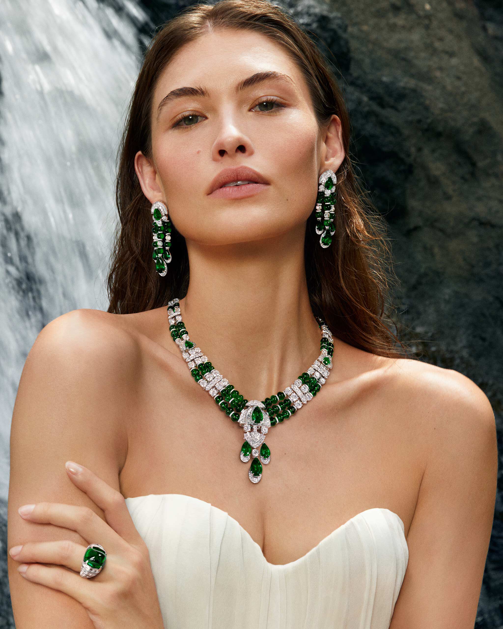 Model Wears Emerald and Diamond Necklace