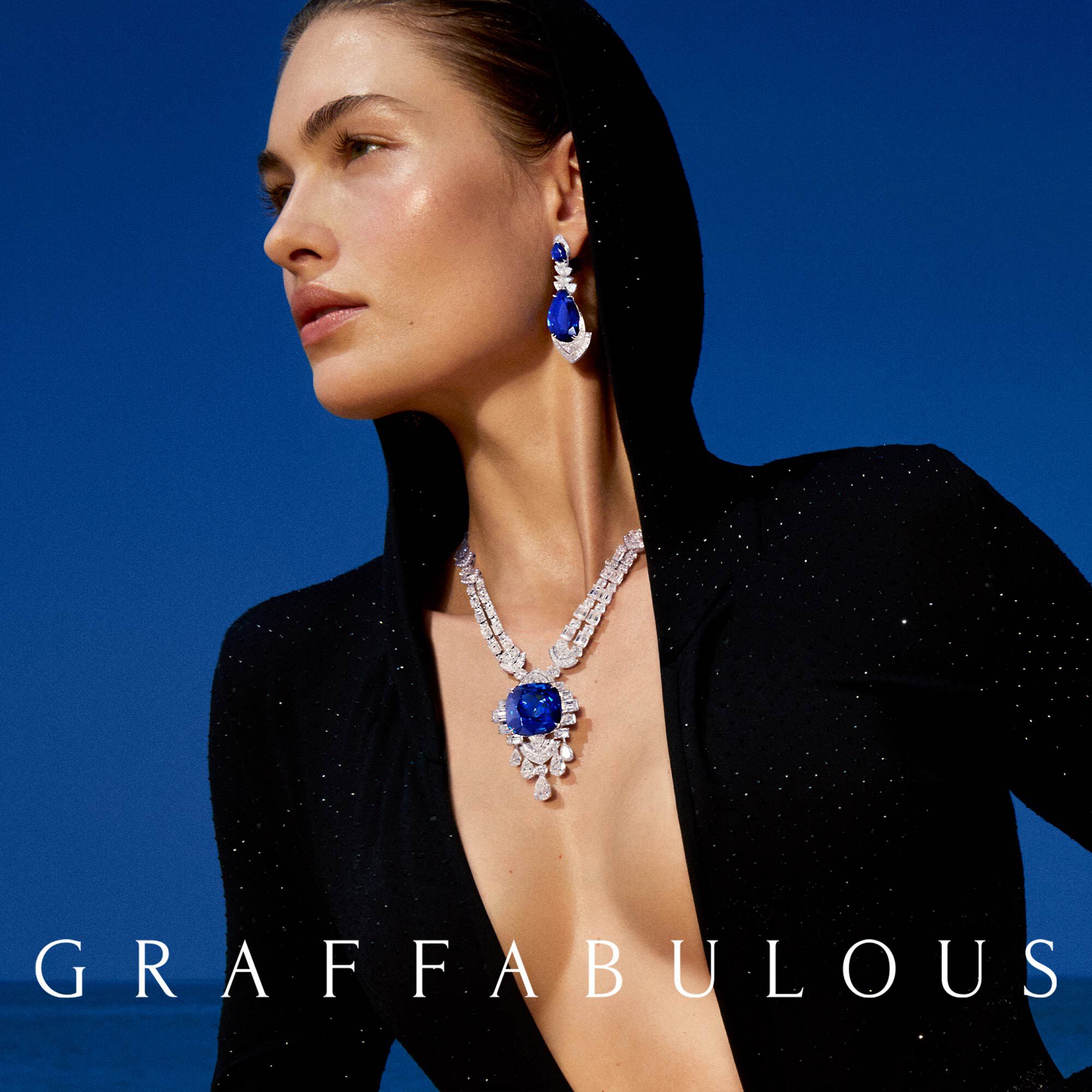 Model wears Graff sapphire and white diamond high jewellery suite