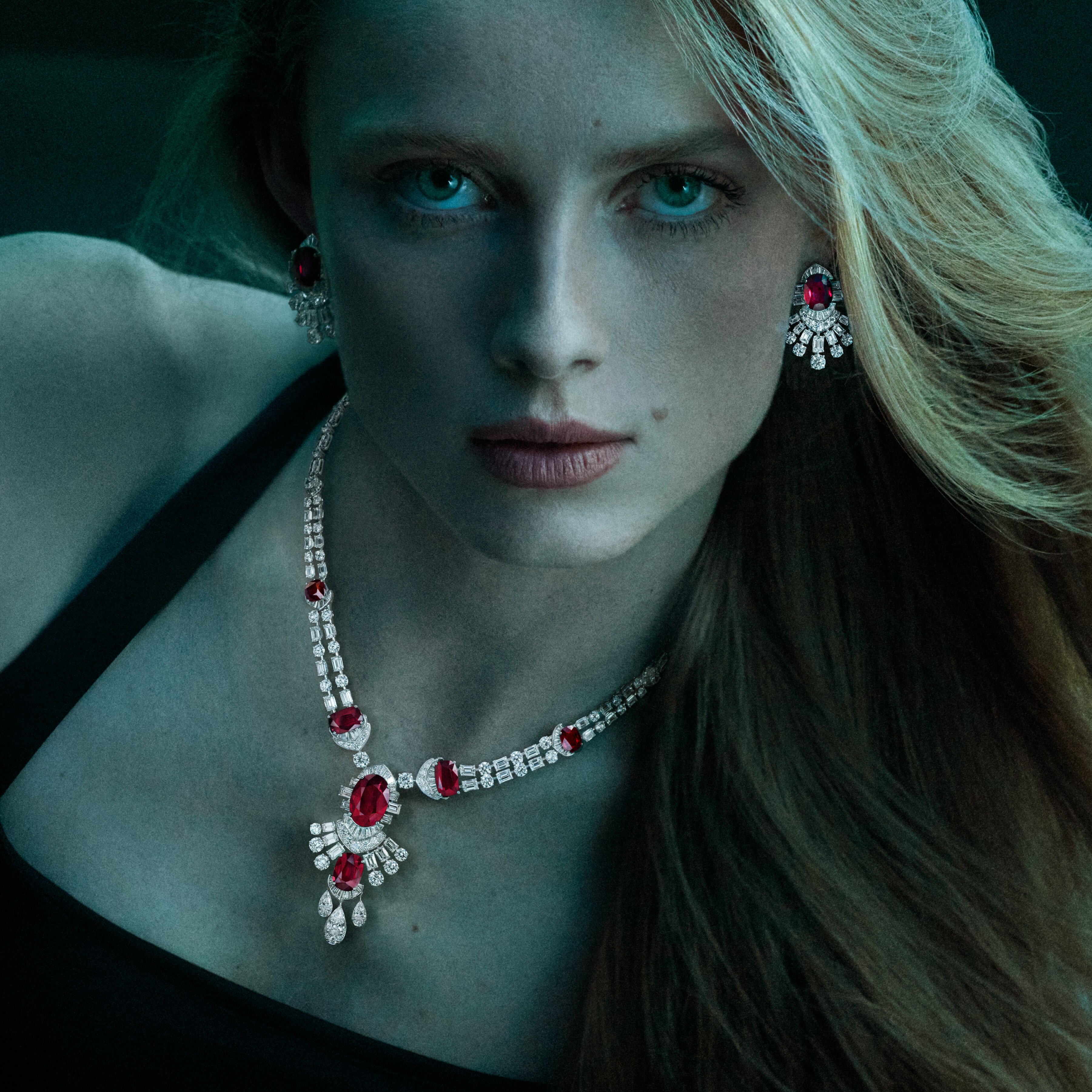 Image of model wearing Graff Galaxia Ruby and White Diamond jewellery suite