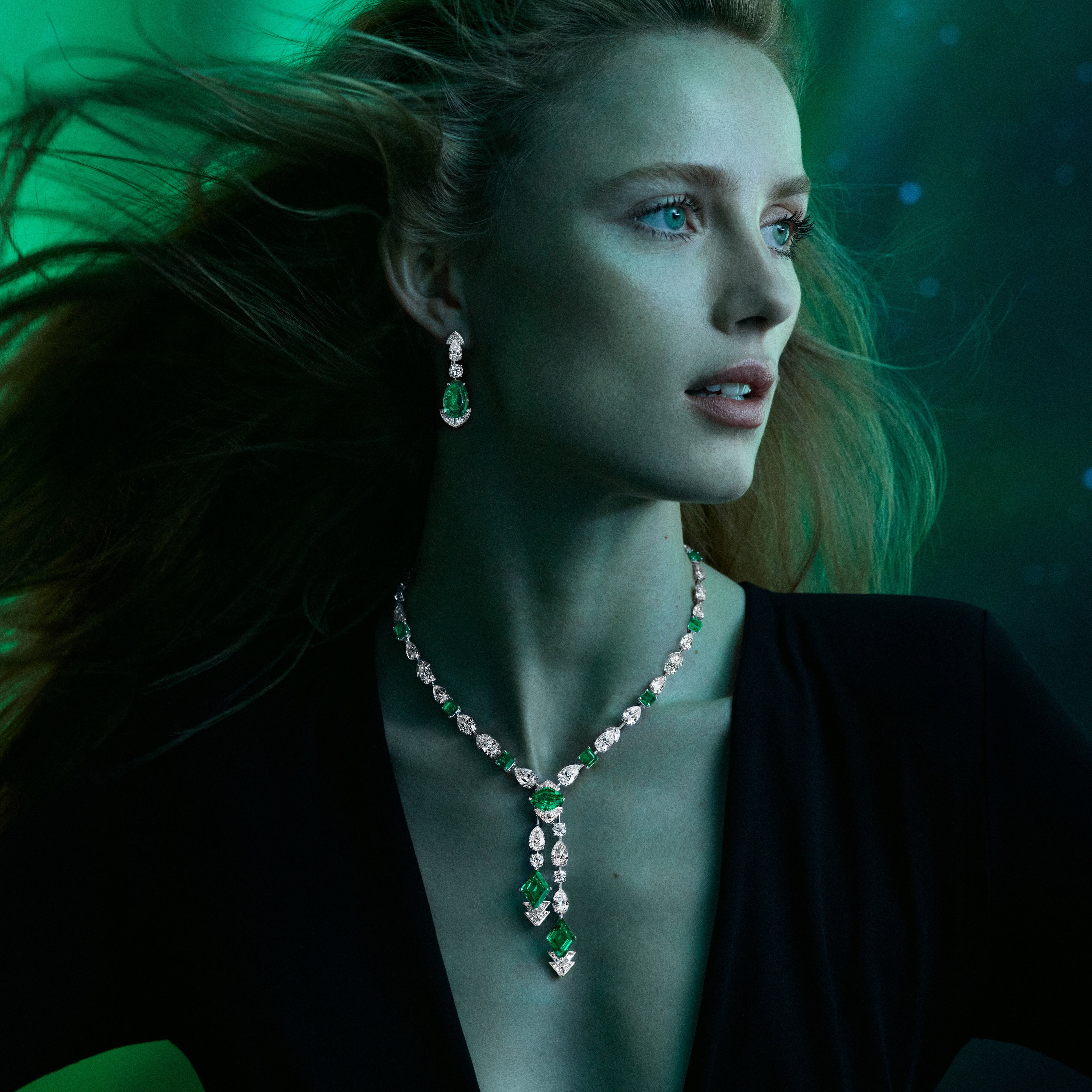 Model wears graff emerald high jewellery