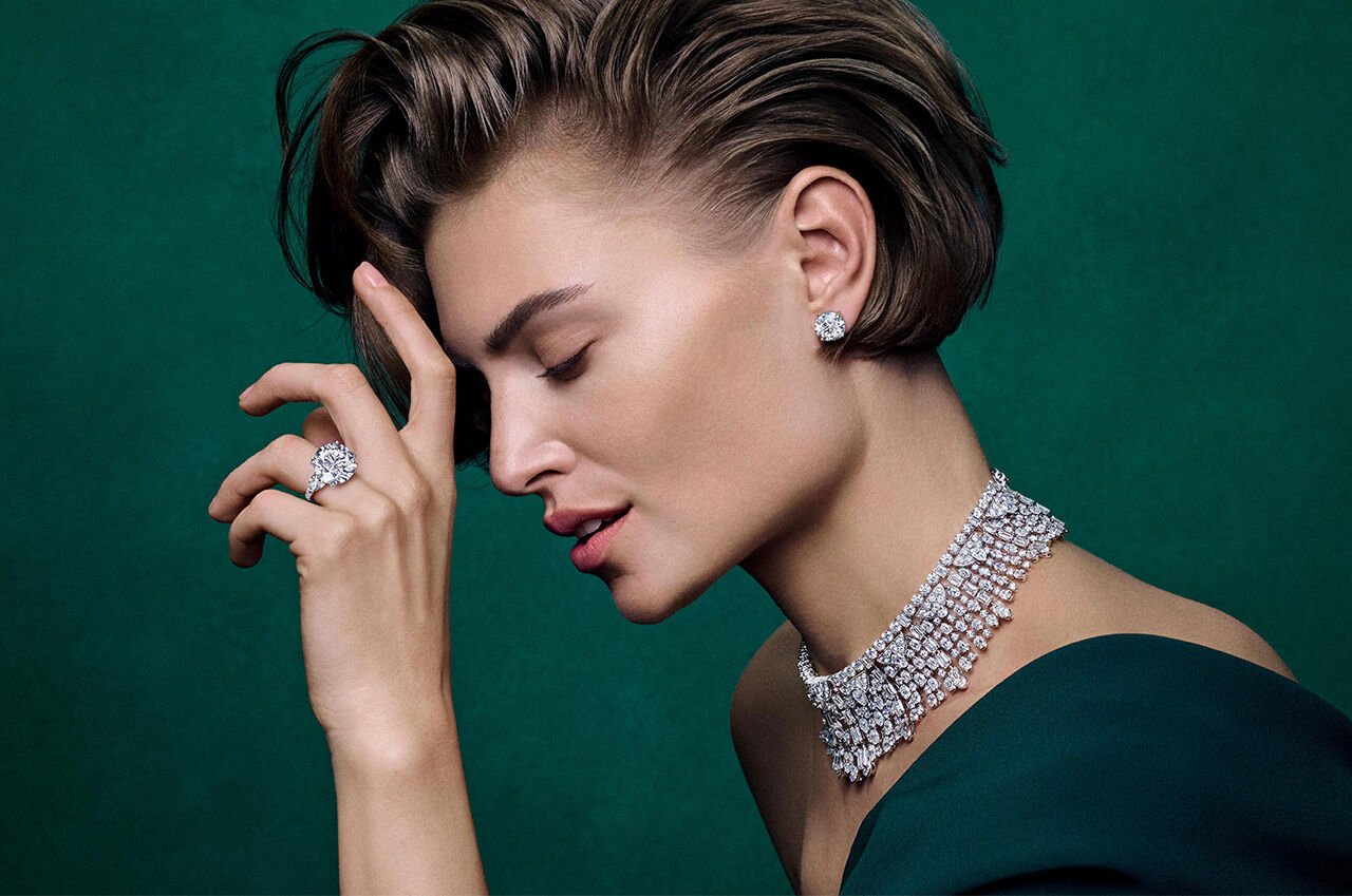Image shows model wearing Graff White Diamond High Jewellery Suite