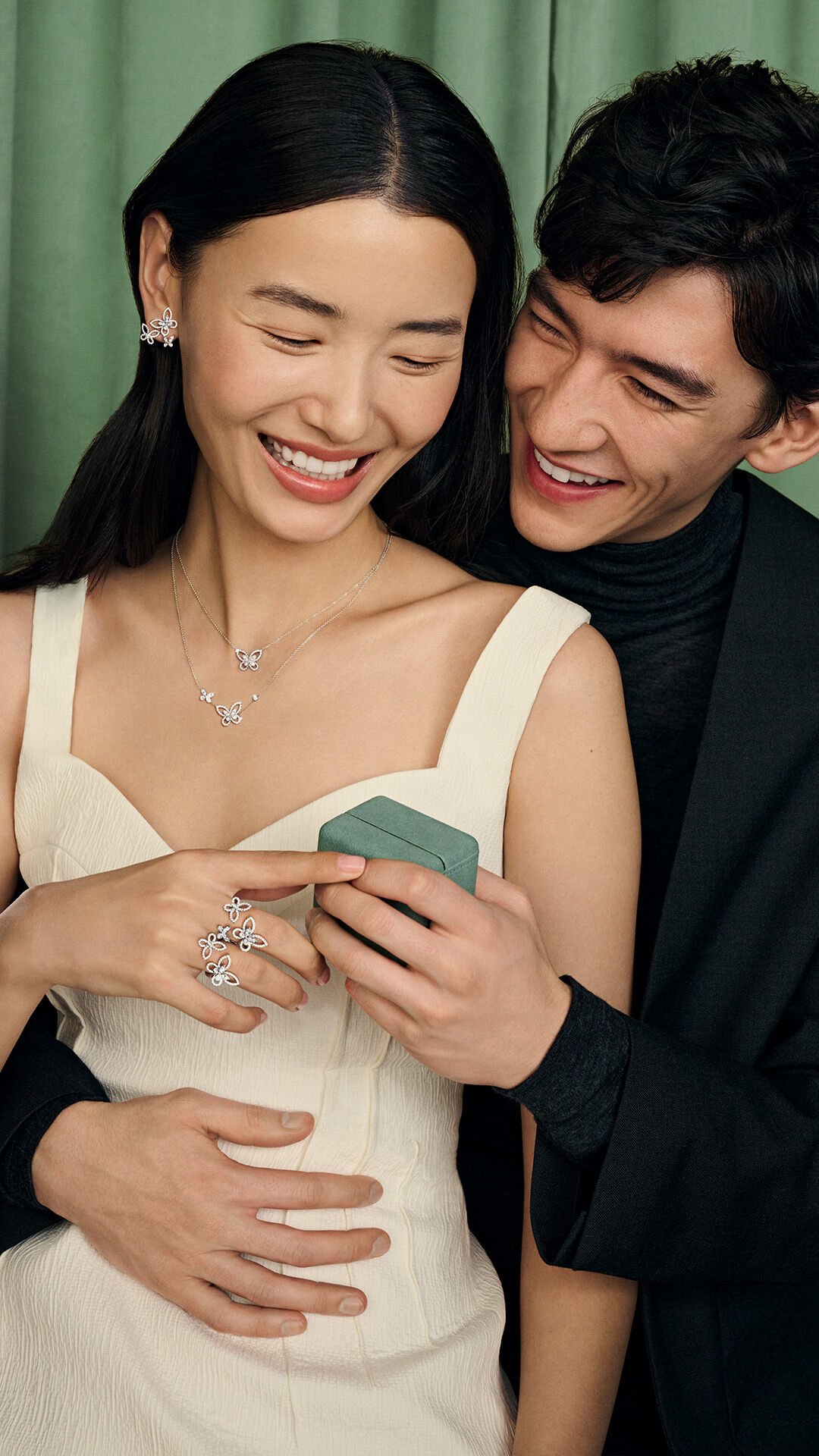 Valentine's Day - images show model wearing Graff Butterfly collection jewellery and male model wearing Graff watch