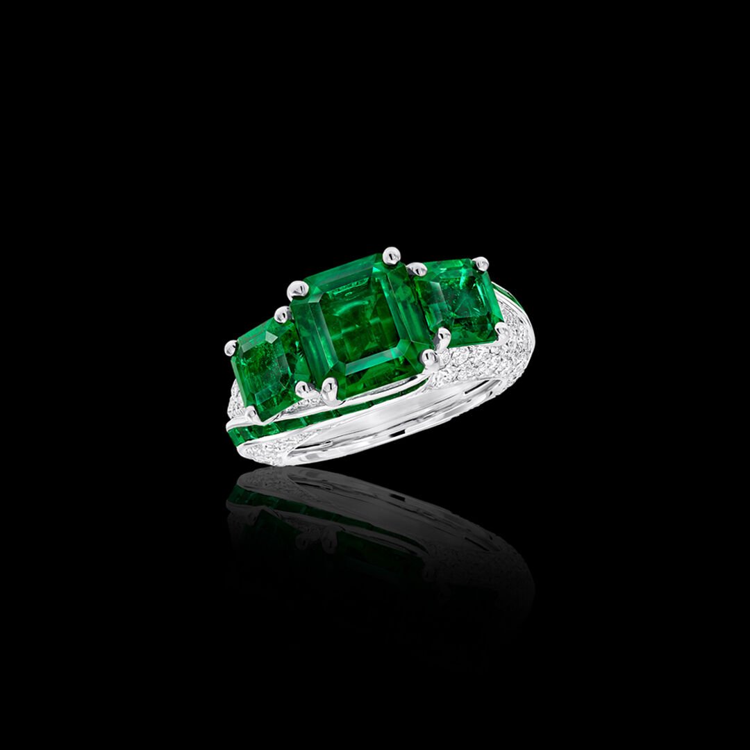 Image shows Graff Emerald and White Diamond High Jewellery ring being created in Graff workshop