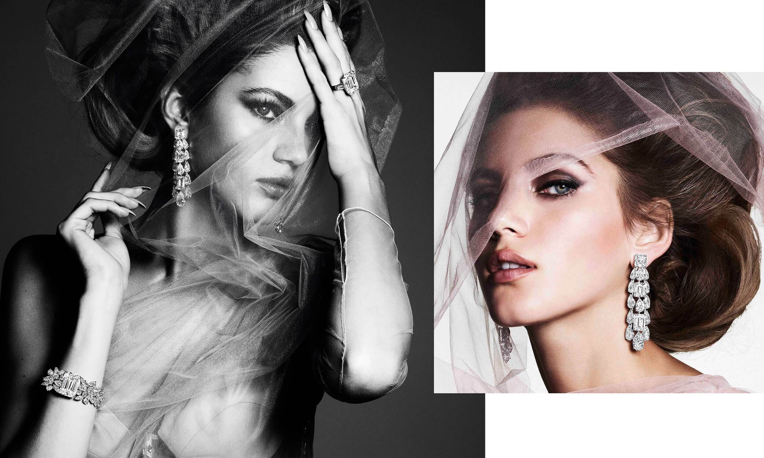 Two images of a model wearing Graff High Jewellery Diamond earrings ring and bracelet