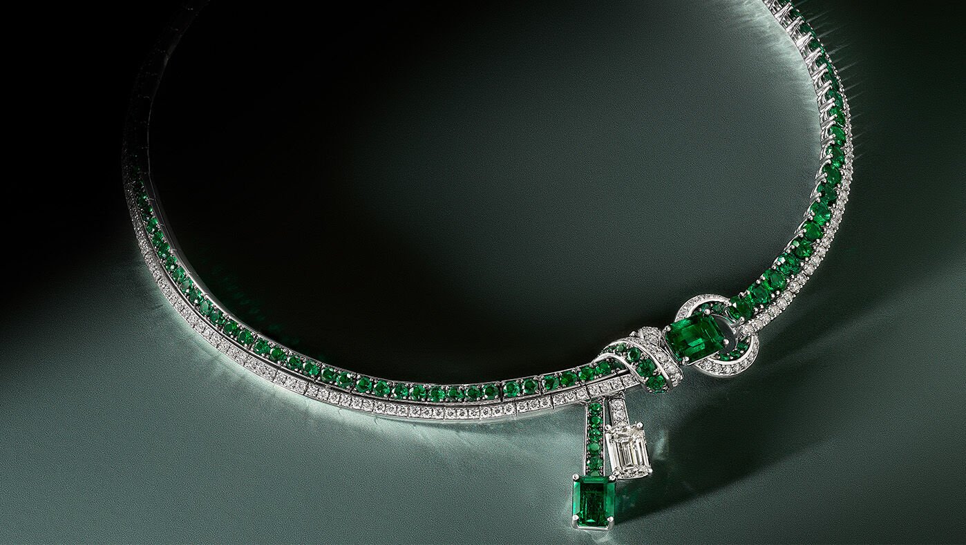 Unique Creations - image shows Graff White Diamond and Emerald high jewellery necklace