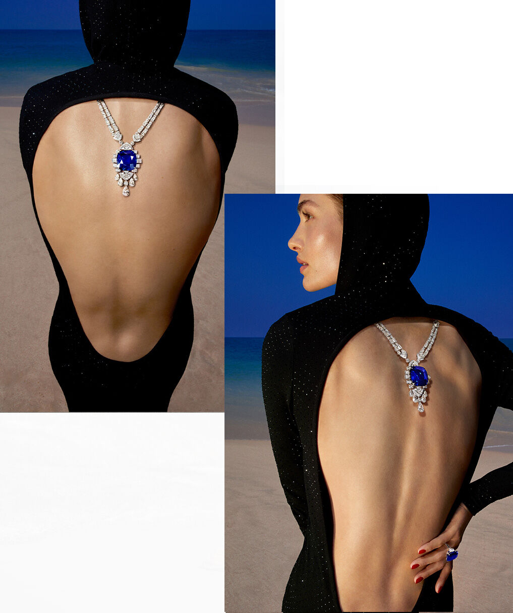 Side by side images of model wearing sapphire and white diamond high jewellery