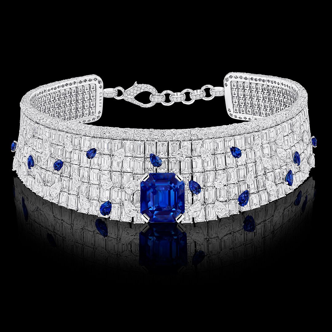Image shows Graff sapphire and white diamond high jewellery necklace