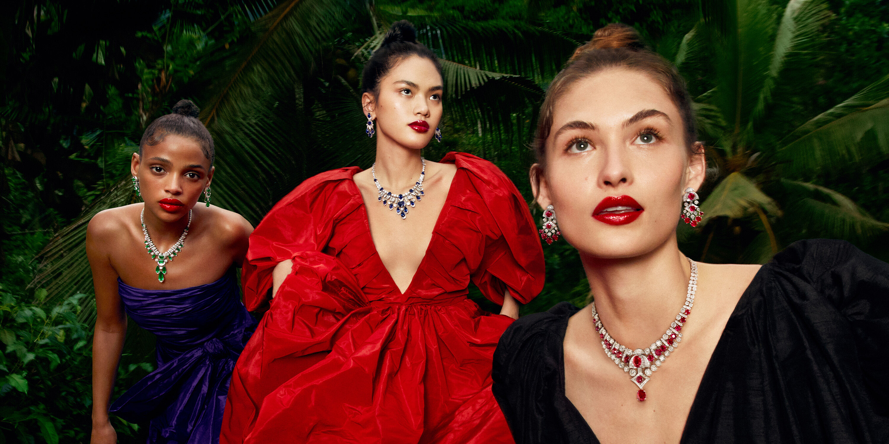 Models wearing Graff Emerald, Sapphire, Ruby and White diamond high jewellery suites