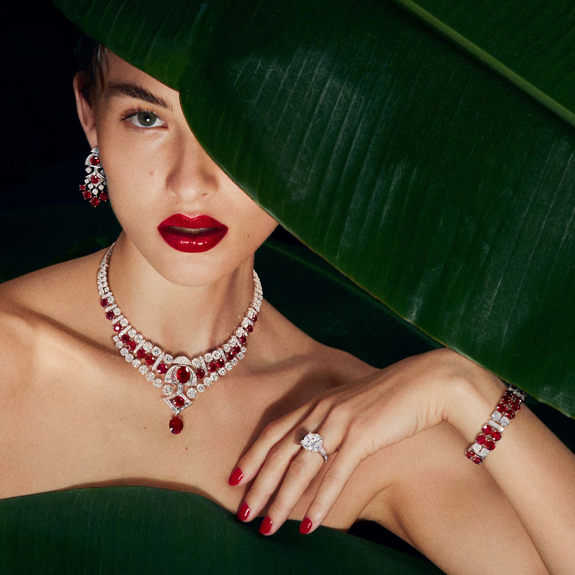 Model wears rubies and white diamond high jewellery