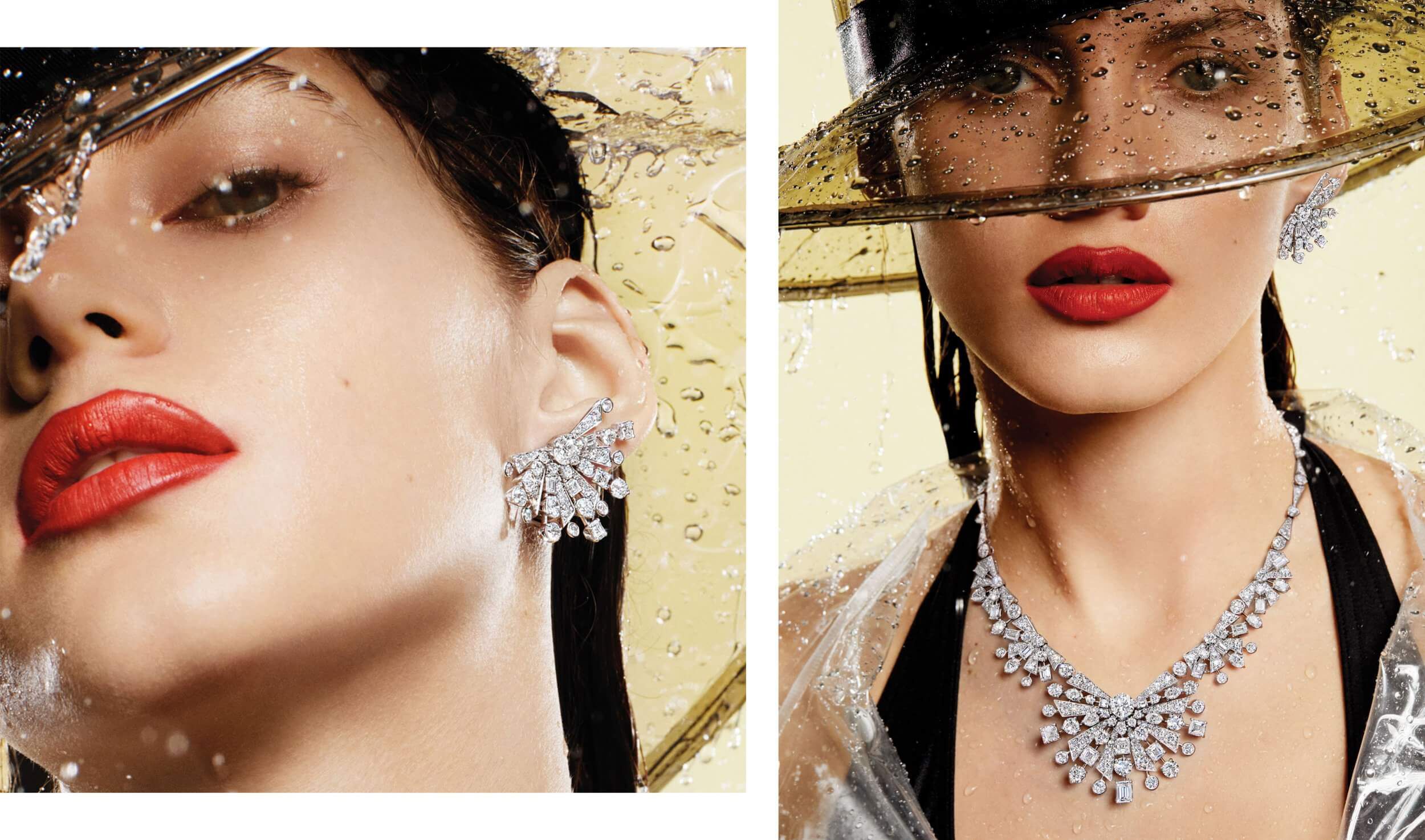 Images of a model wearing Graff Solar Collection Diamond Earrings and Necklace