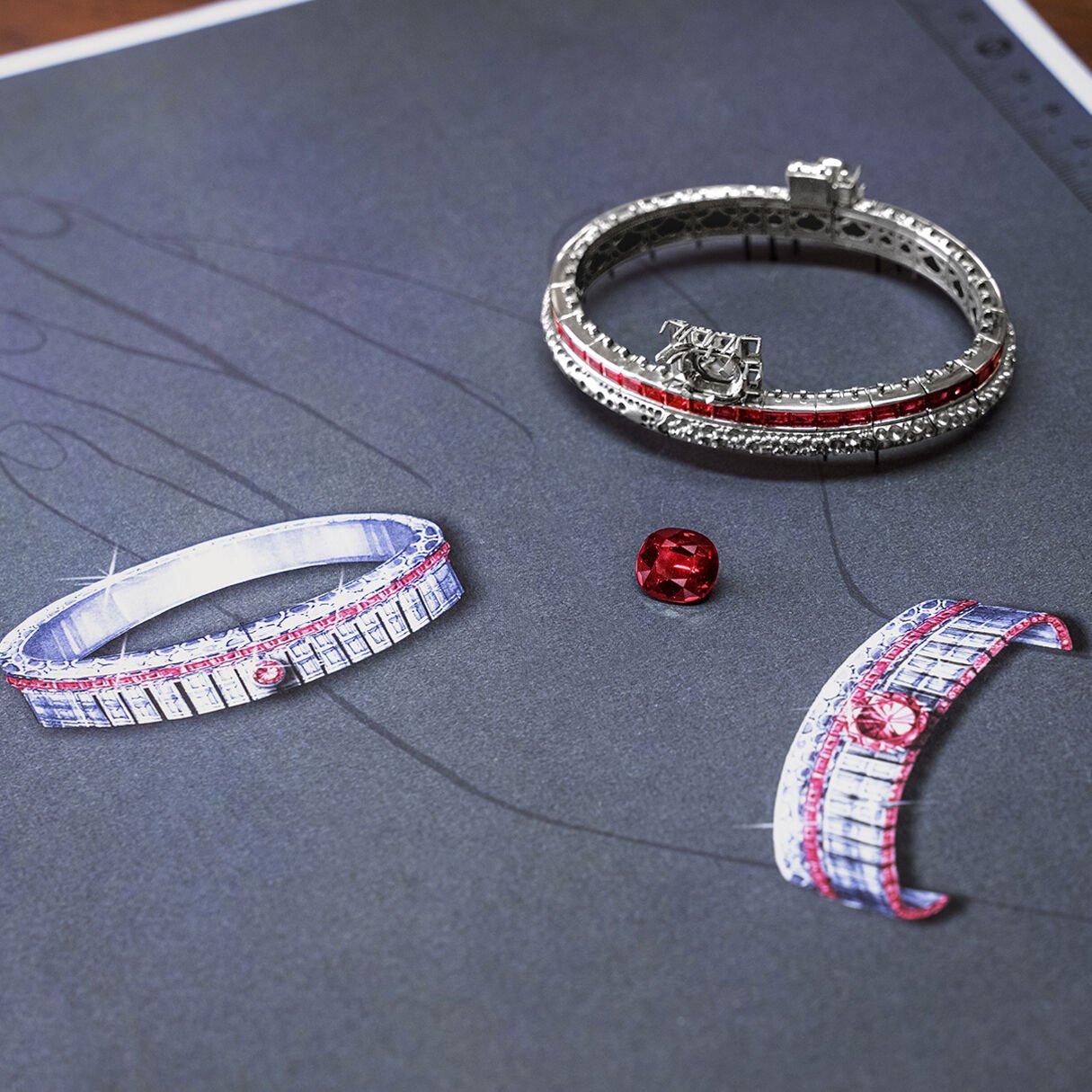 Part constructed bangle and loose Ruby gemstone seen on top of gouache of Ruby and White Diamond high jewellery bangle