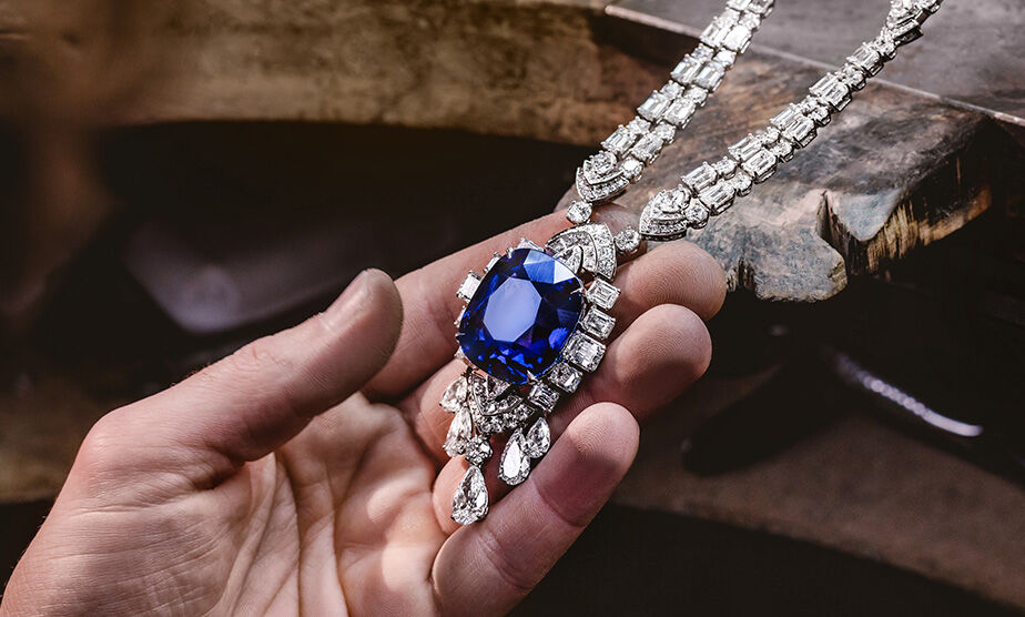 High Jewellery. Displayed here is a high jewellery necklace with a sapphire stone