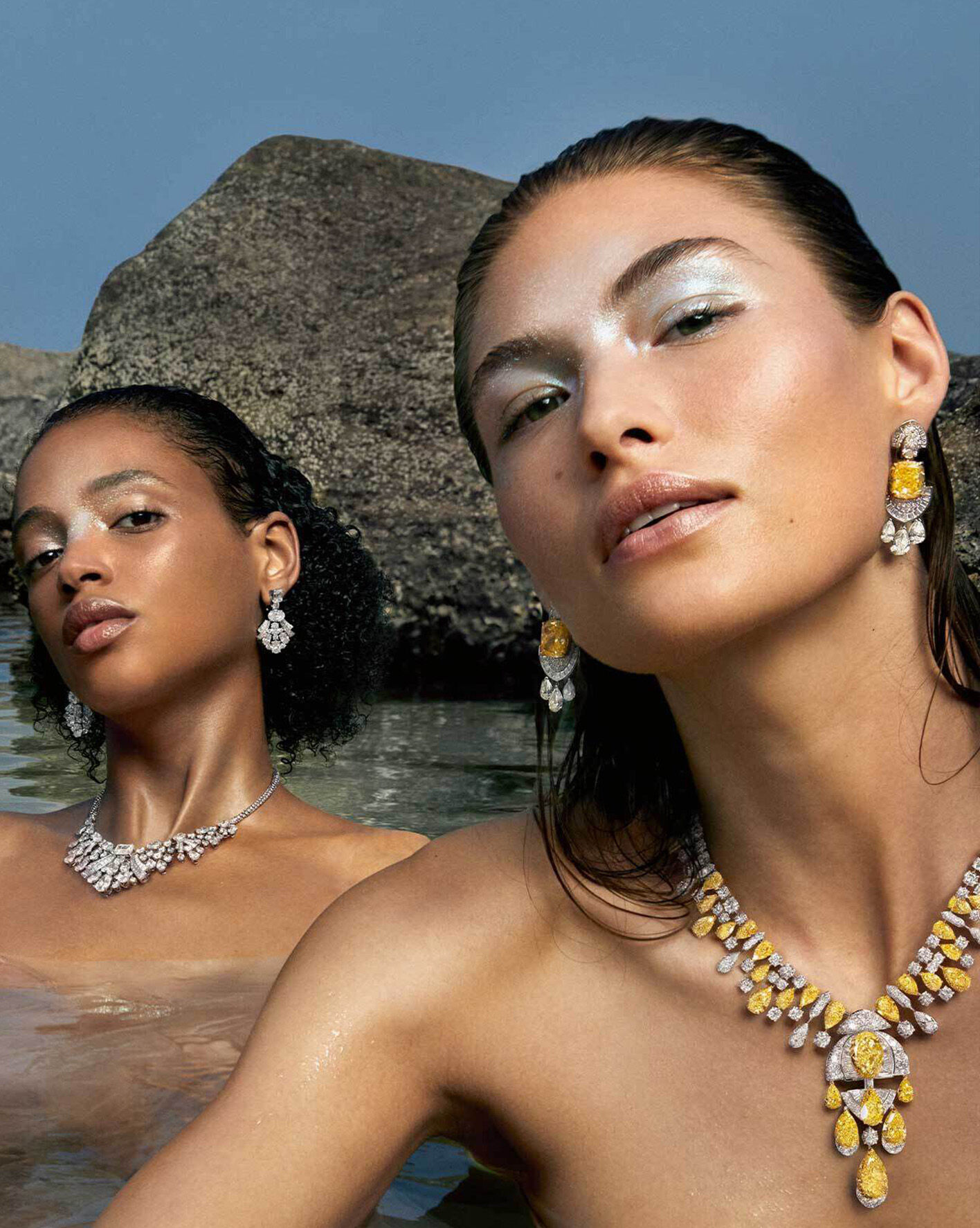 Models wearing Graff yellow and white diamond high jewellery