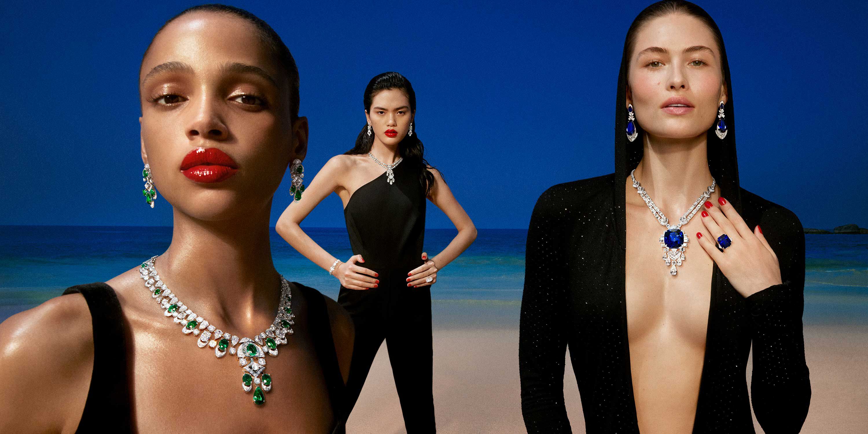 Models wearing Graff Sapphire and White Diamond High Jewellery on beach 