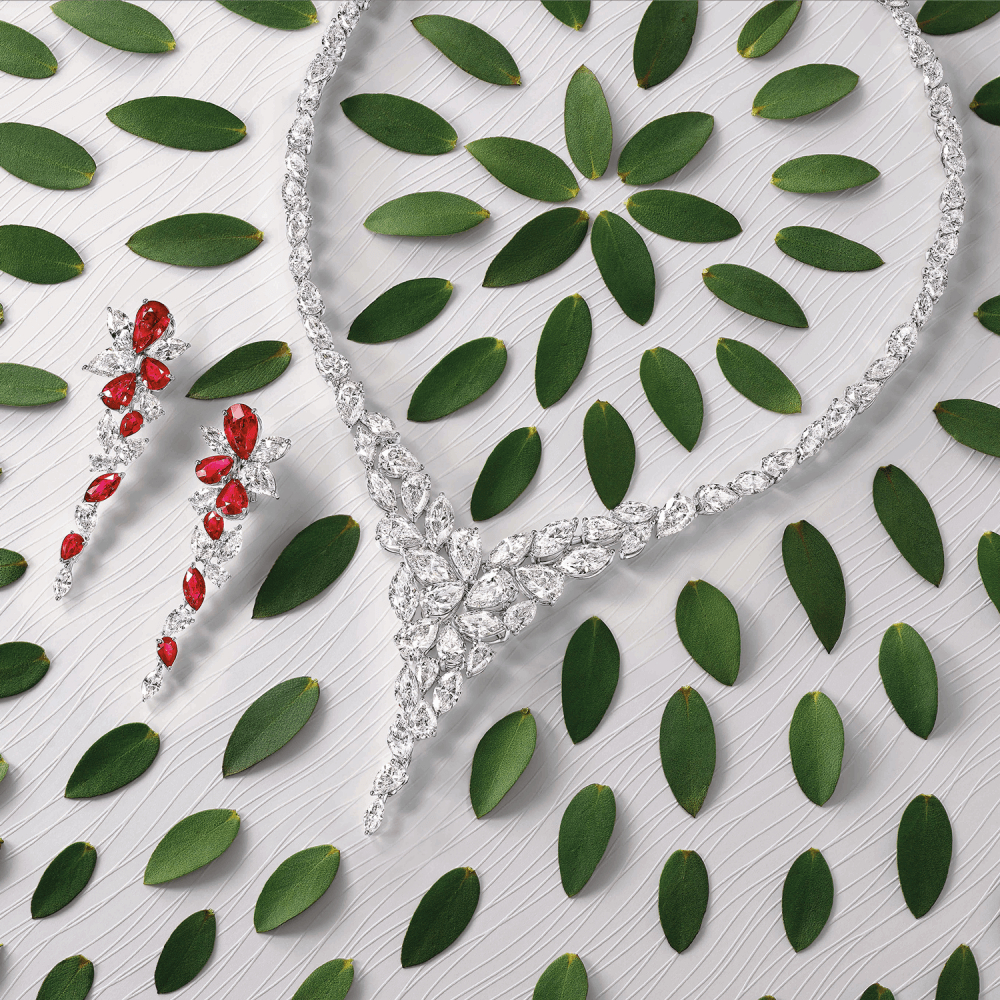 Graff Foliage Collection Ruby and diamond earrings and diamond necklace with leaves