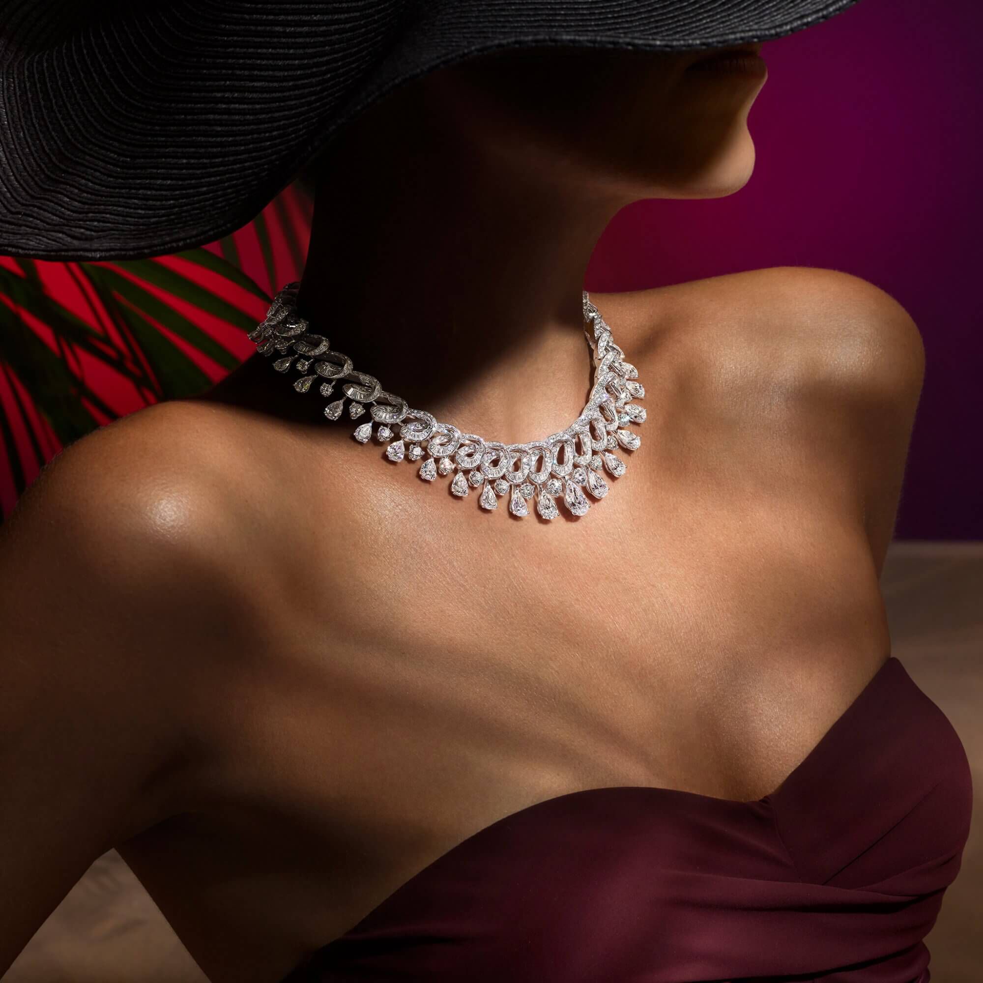 A model wears a Graff high jewellery diamond necklace