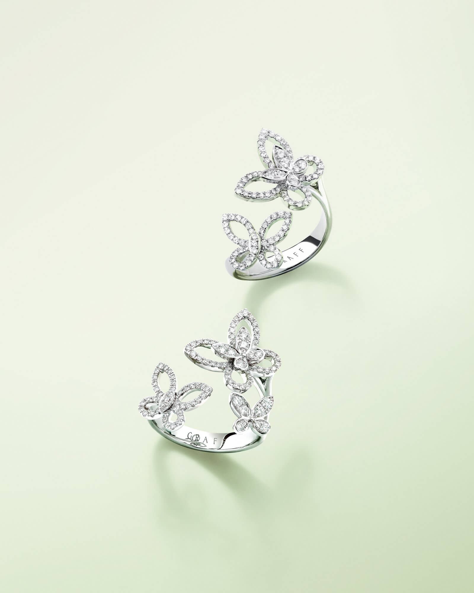Two dual fingers rings from the Butterfly Silhouette diamond jewellery collection by Graff
