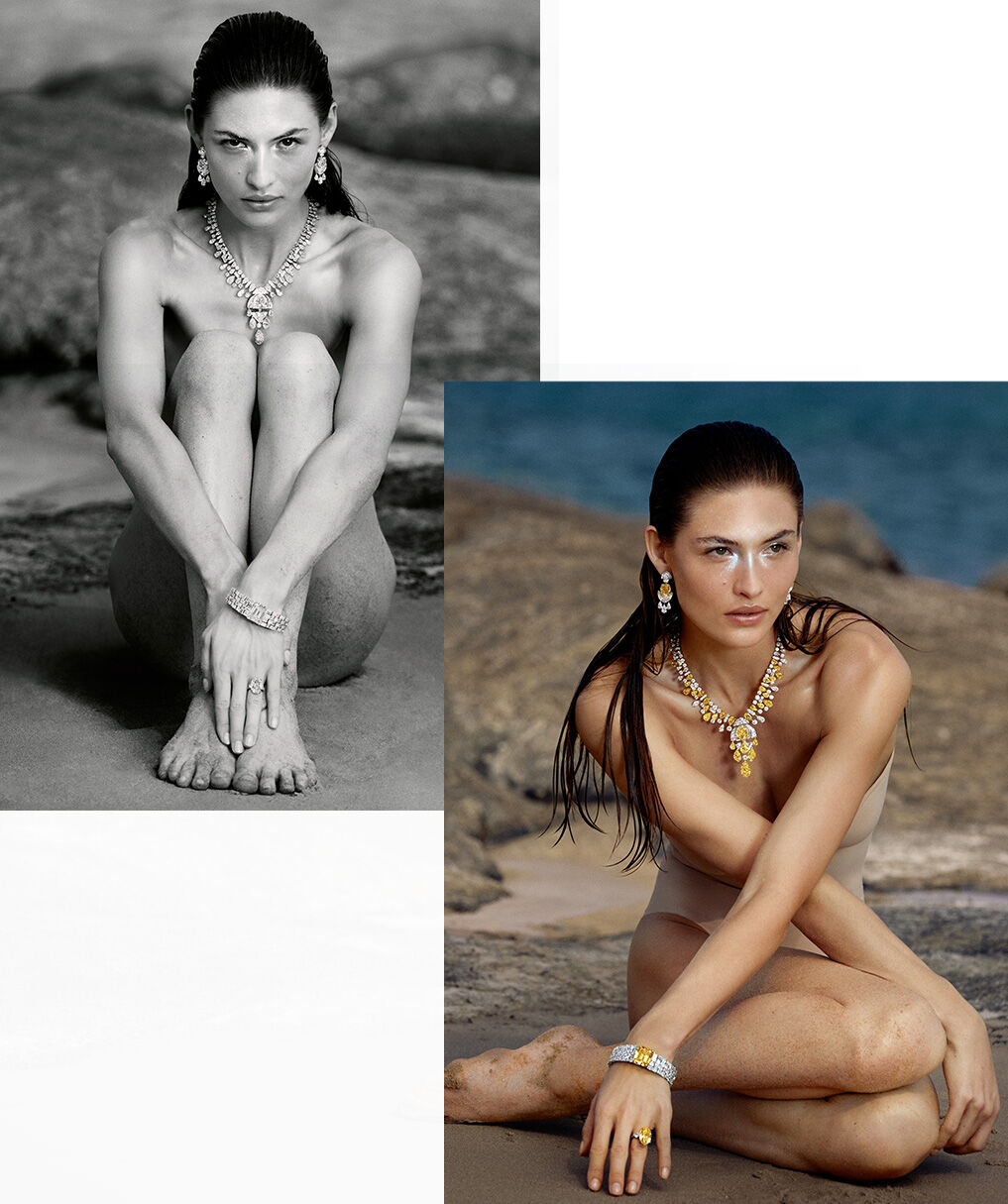 A colour and a black and white image side by side of model wearing Graff Yellow and White Diamond High Jewellery earrings, necklace, bracelet and ring 