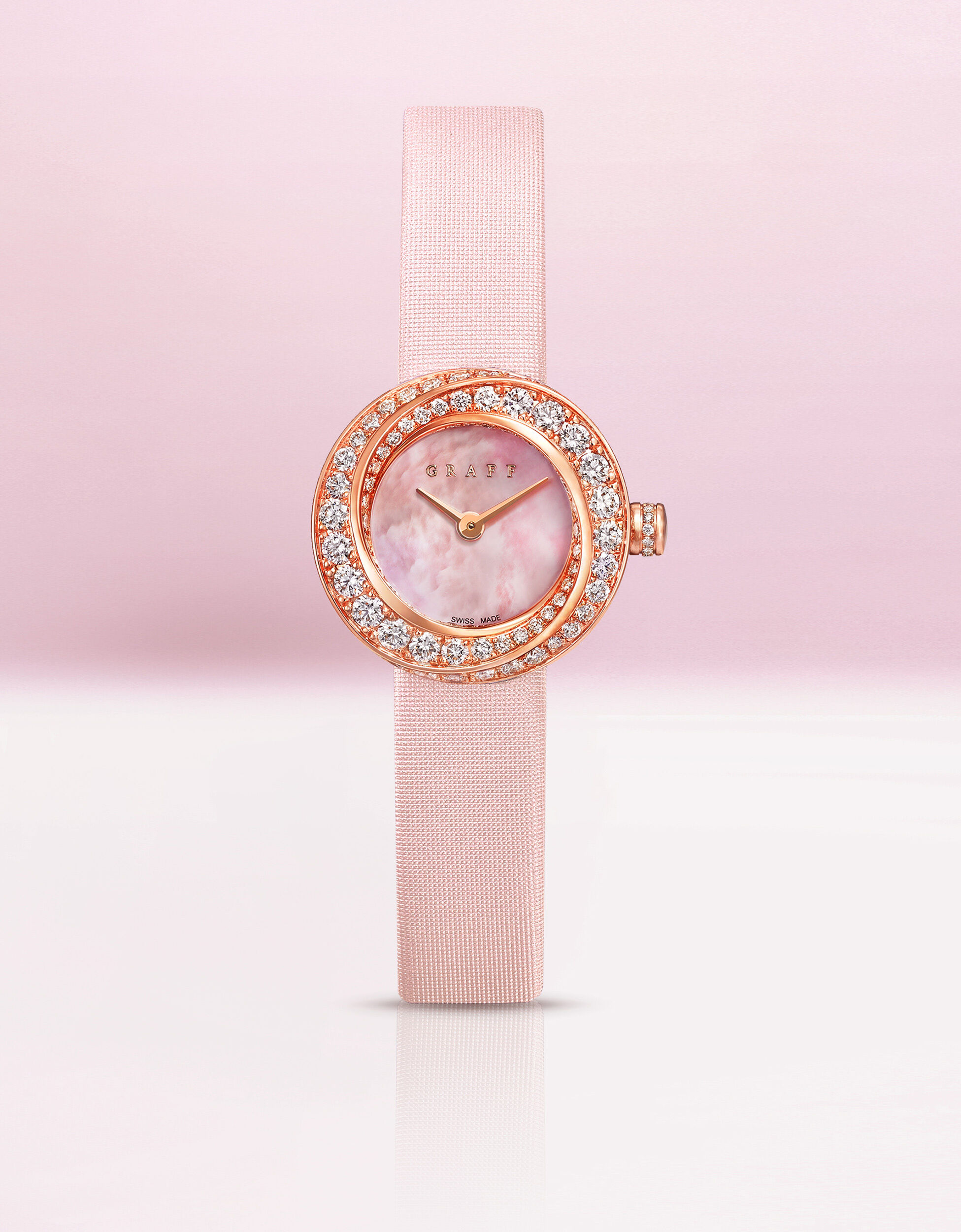 Image of Graff Spiral watch with pink satin strap, pink mother of pearl, rose gold and diamonds