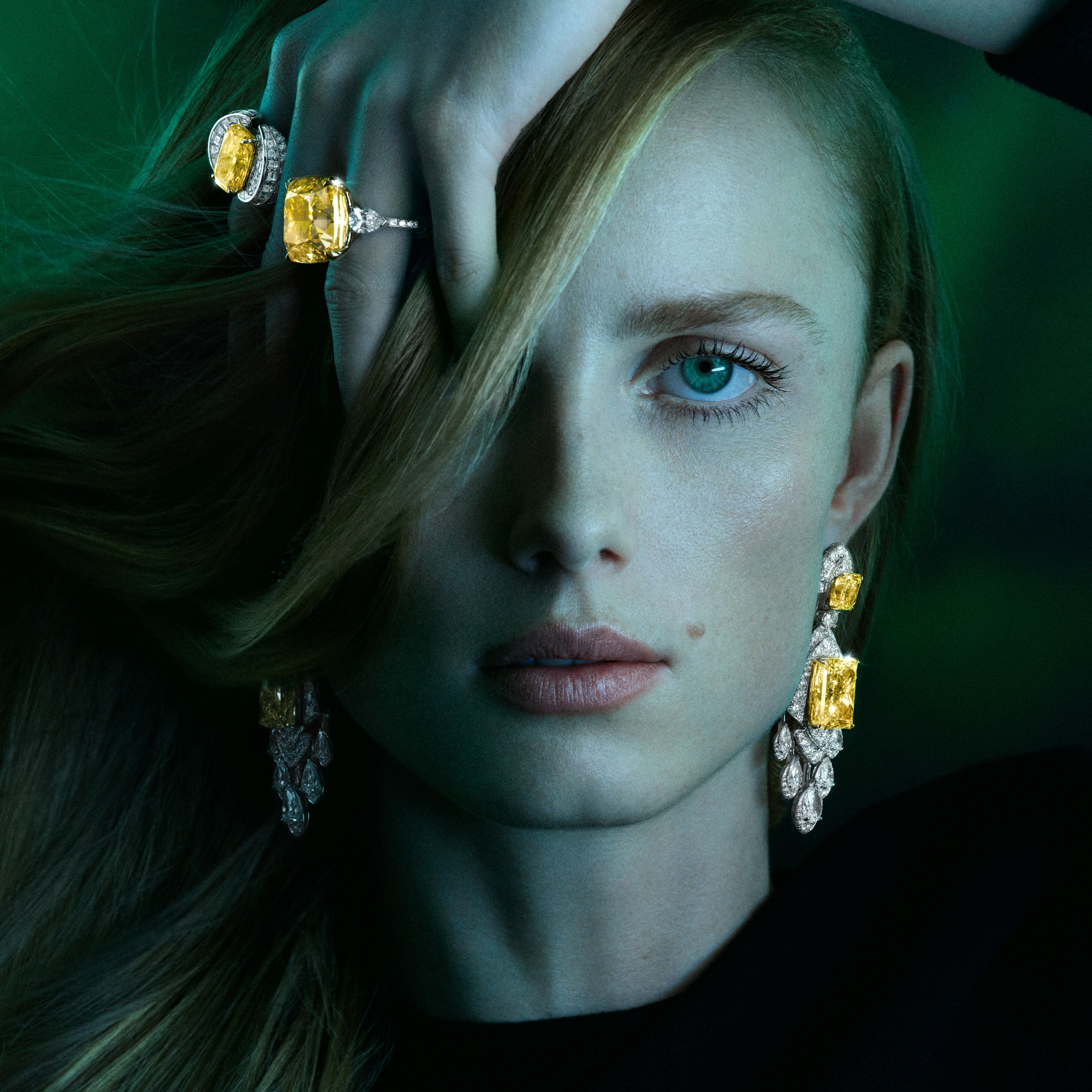 Image of model wearing Graff Yellow Diamond High Jewellery suite