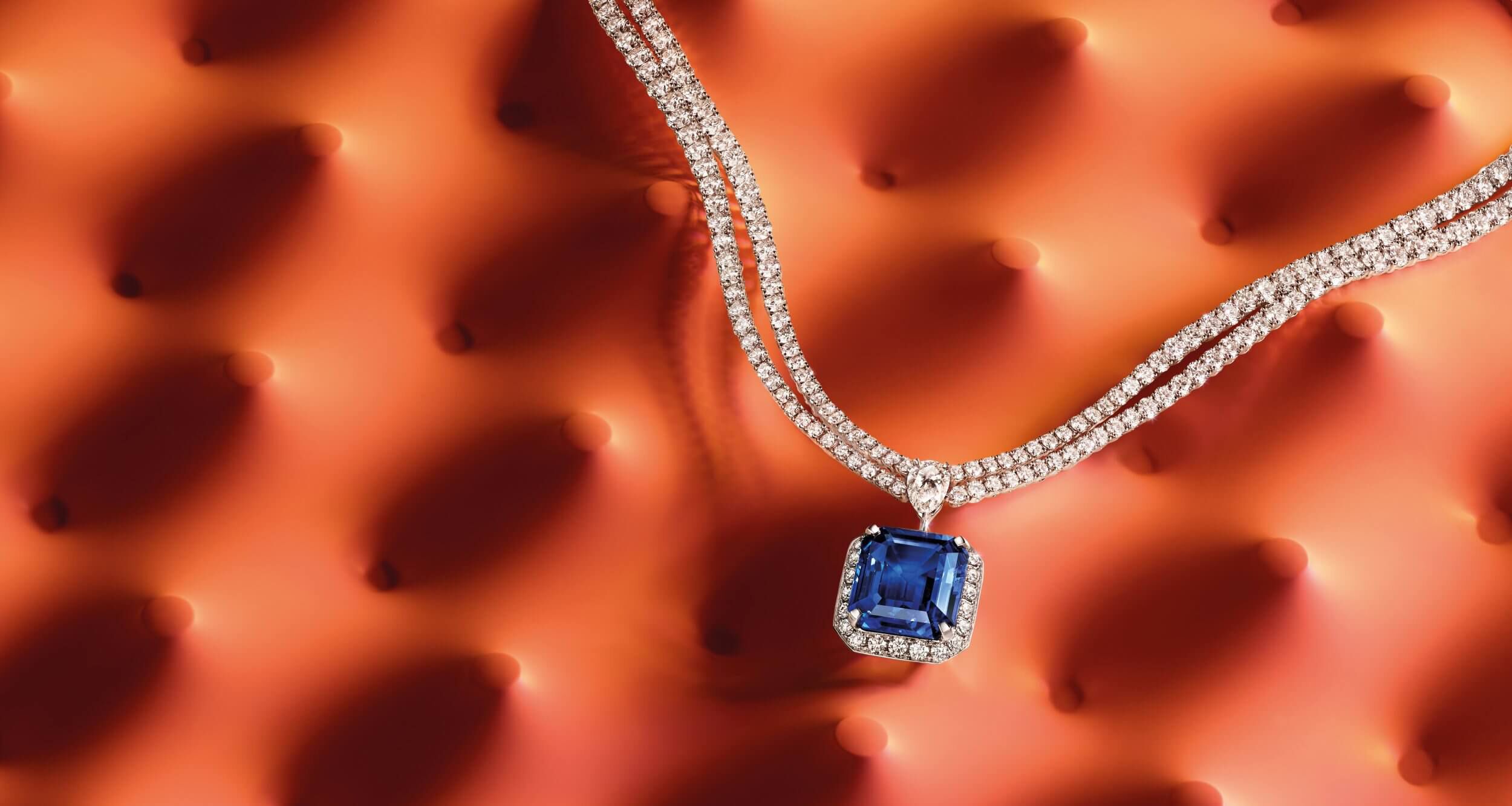 A 17 carat emerald cut sapphire and diamond necklace by Graff