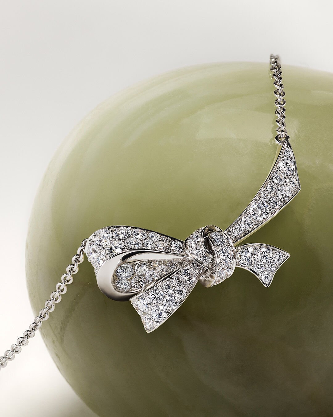 Image shows Tilda's Bow diamond necklace