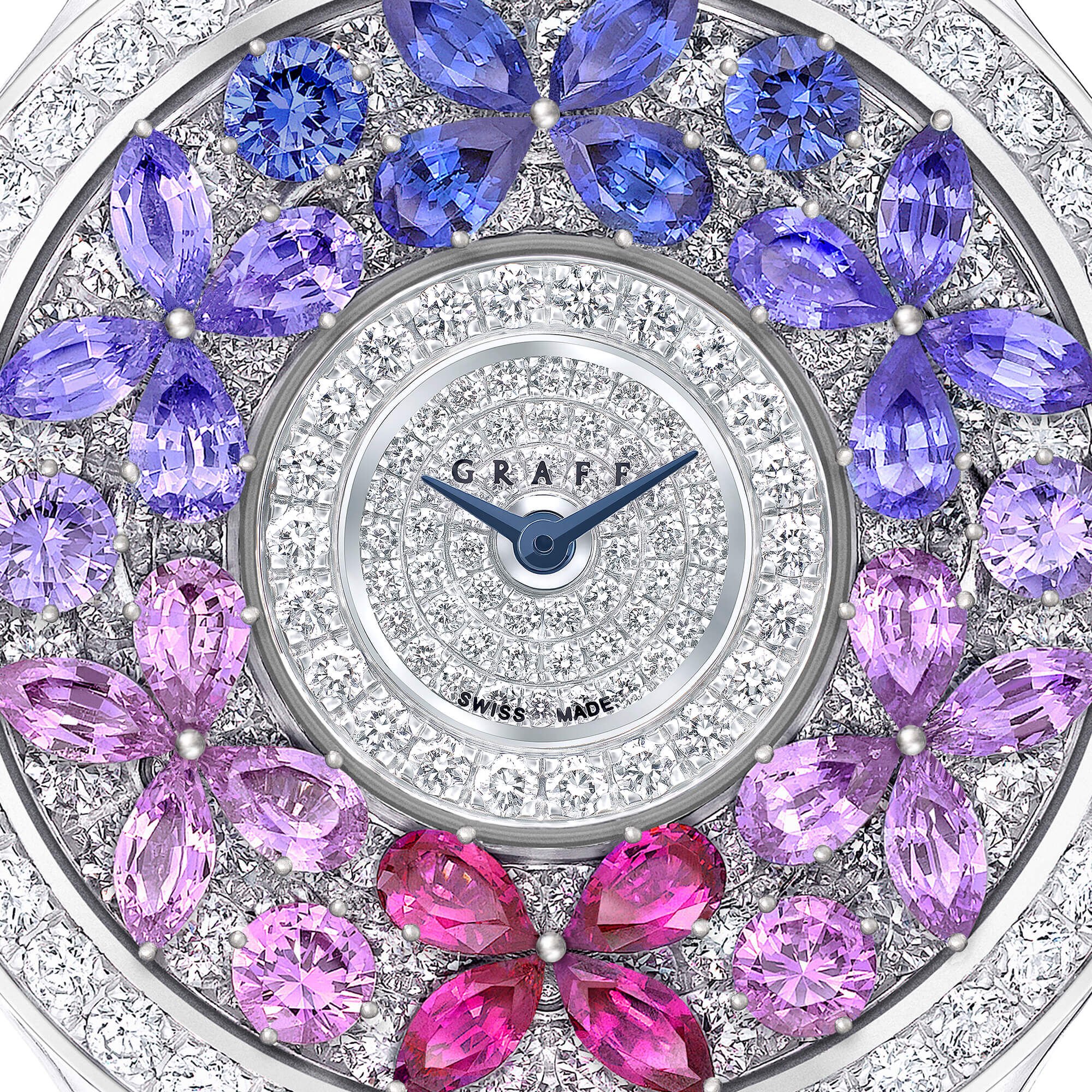 Close up of a Graff Rainbow Sapphire and diamonds butterfly watch from the Graff Butterfly Ladies' Watch collection.