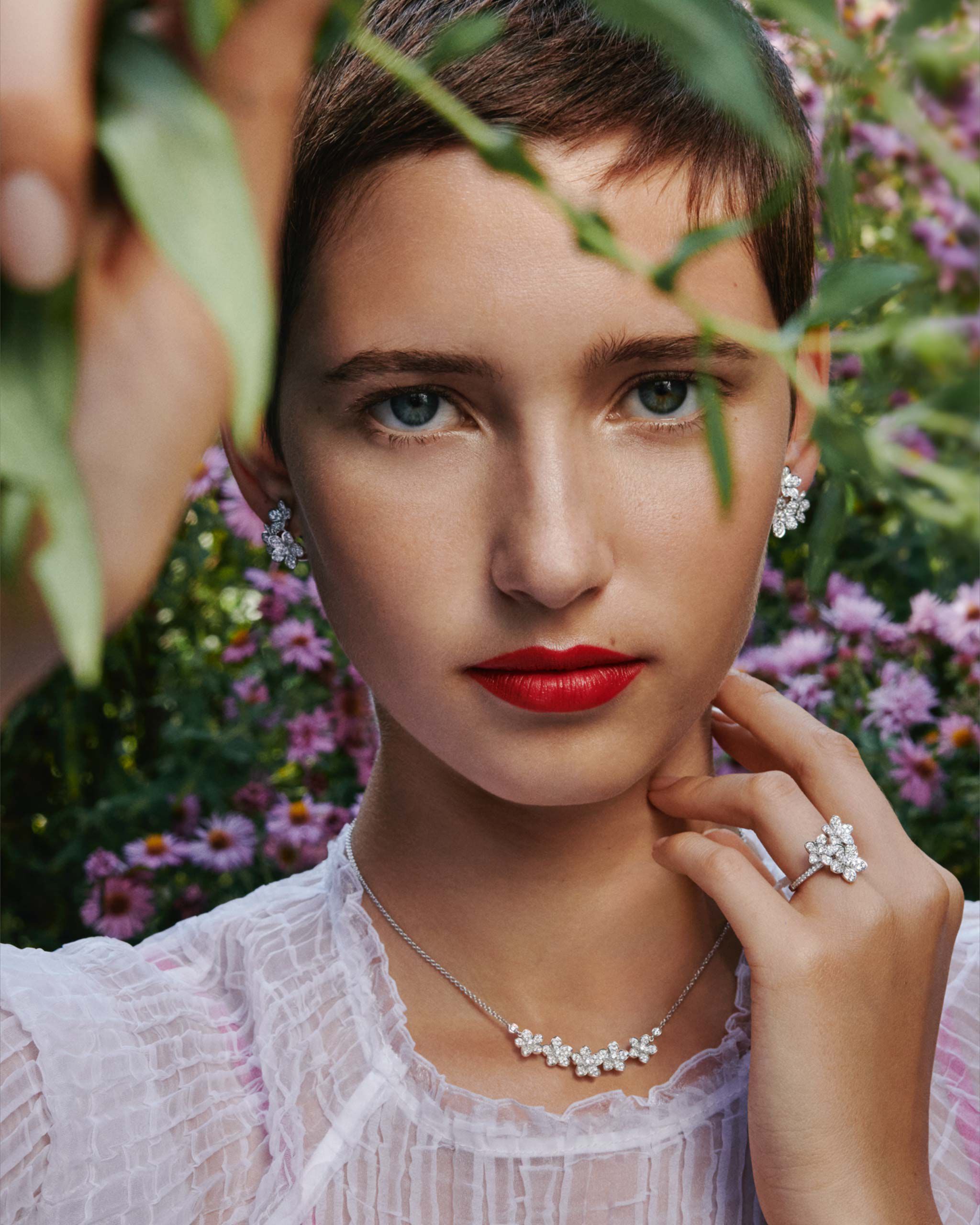 Model wears Graff Wild Flower collection diamond jewellery