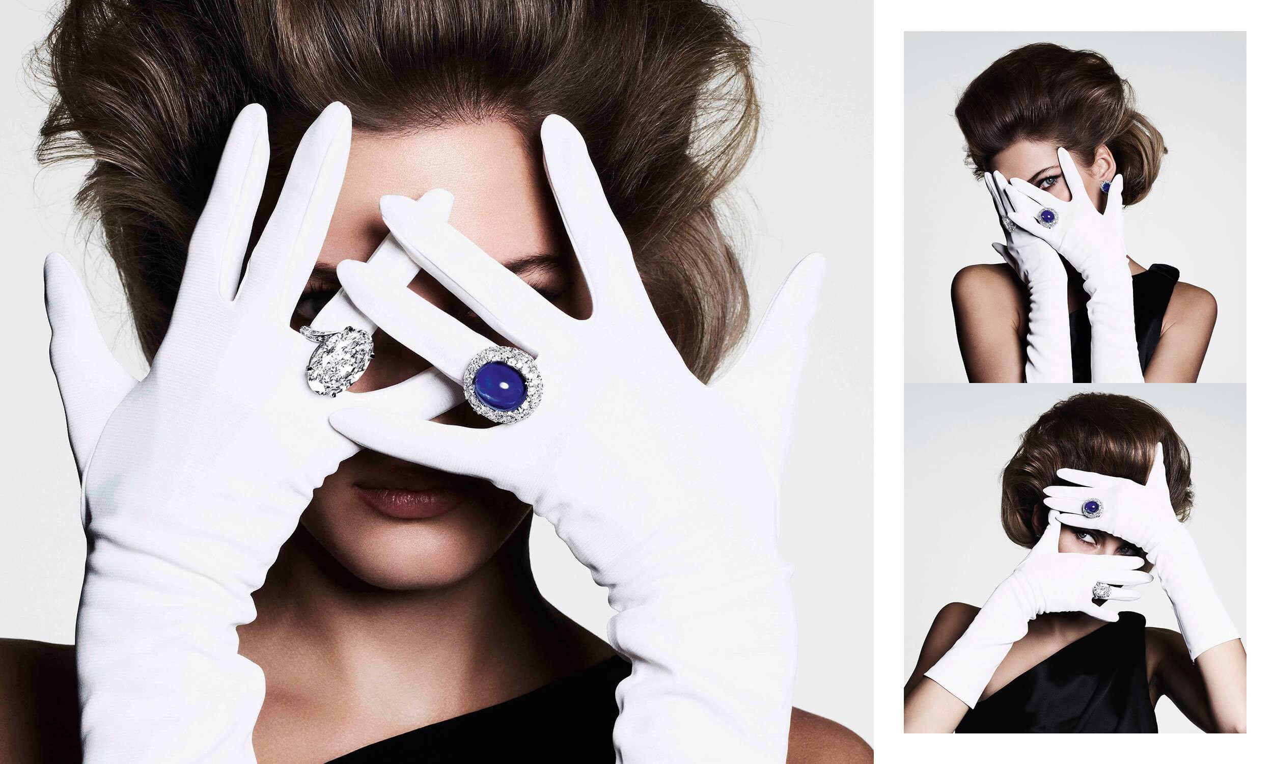A model wearing Graff high jewellery sapphire ring and diamond ring