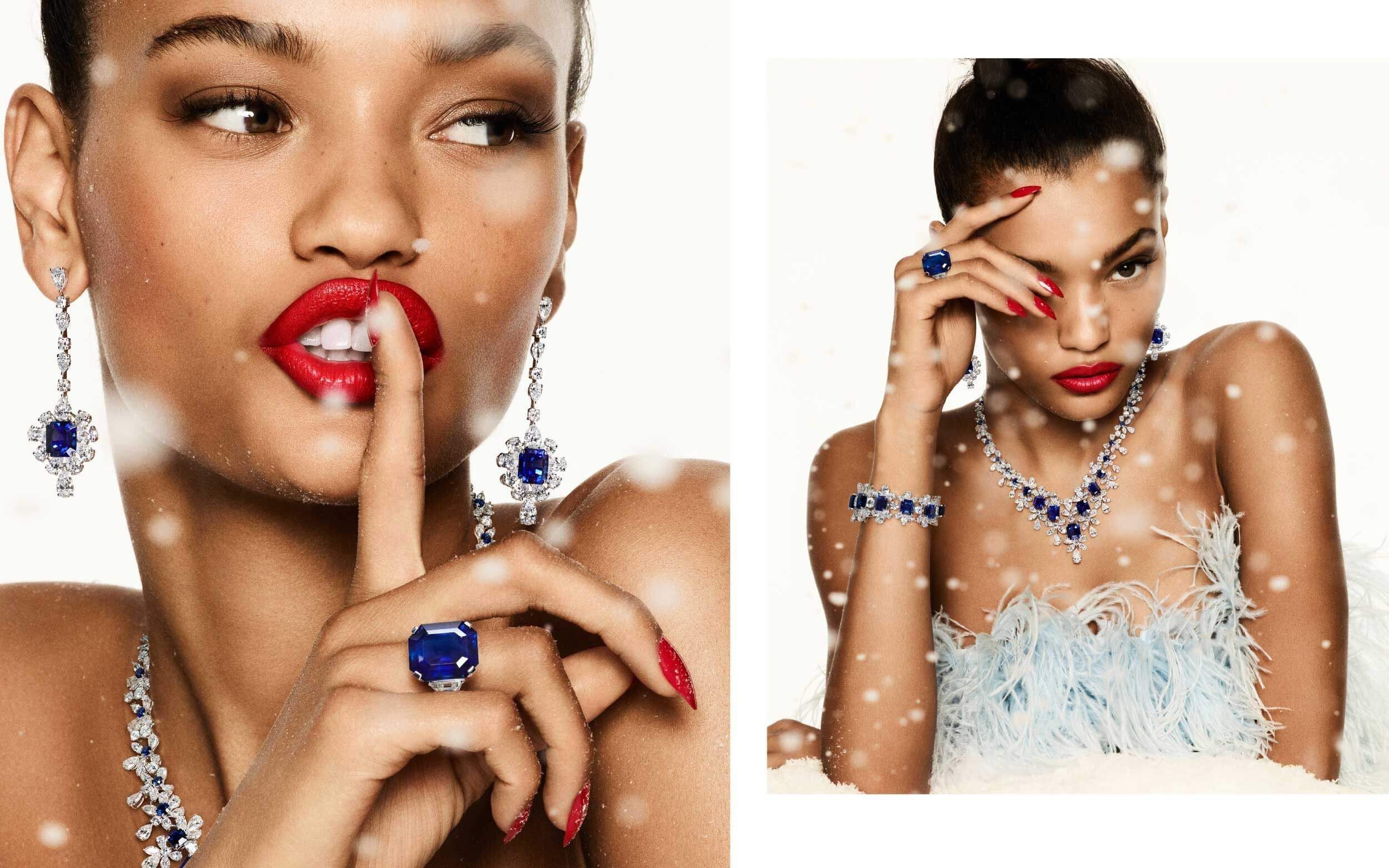 a lady wearing different Graff sapphire high jewellery sets in two images