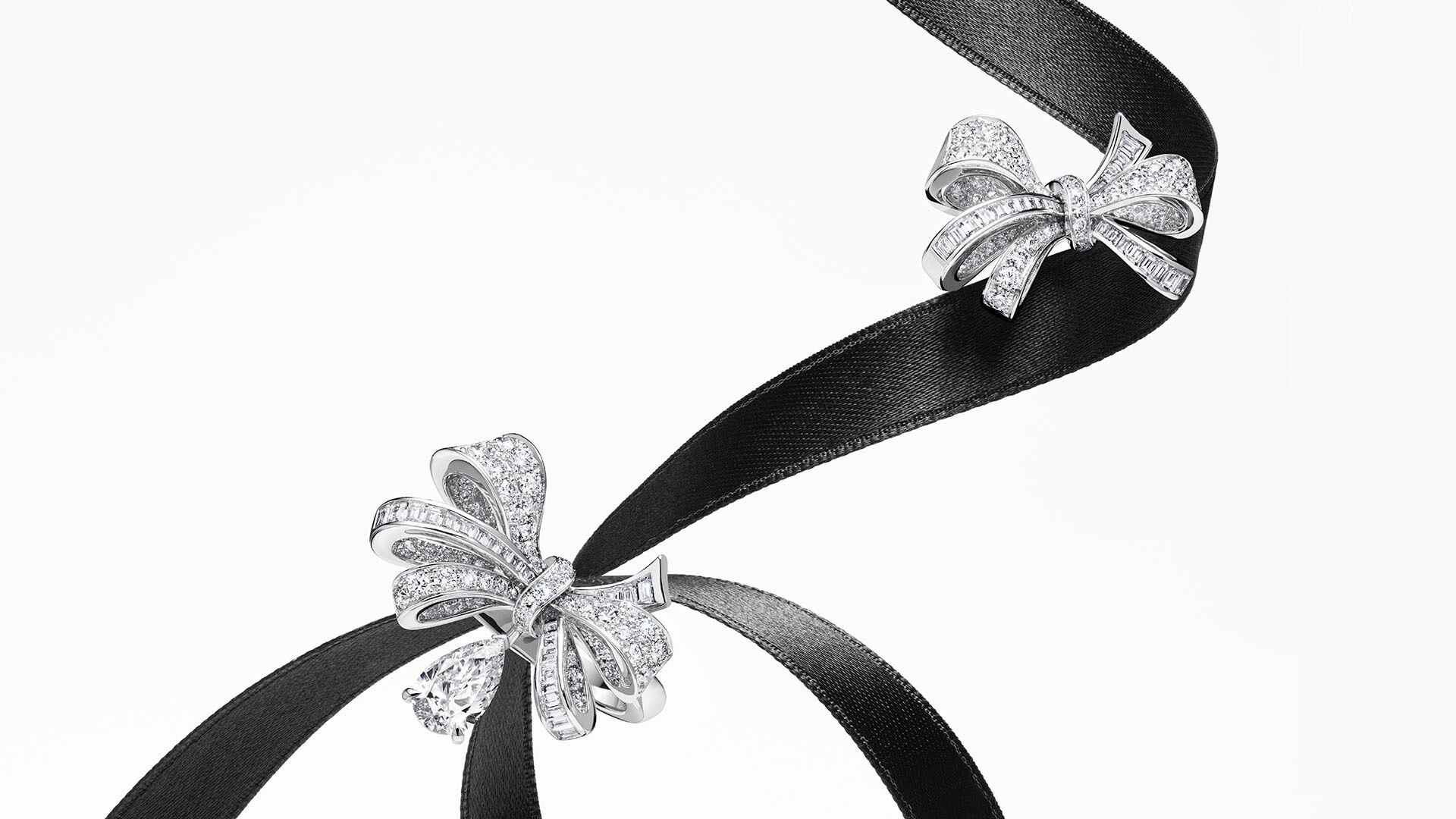 Image of Graff Tilda's Bow collection rings on black ribbon 