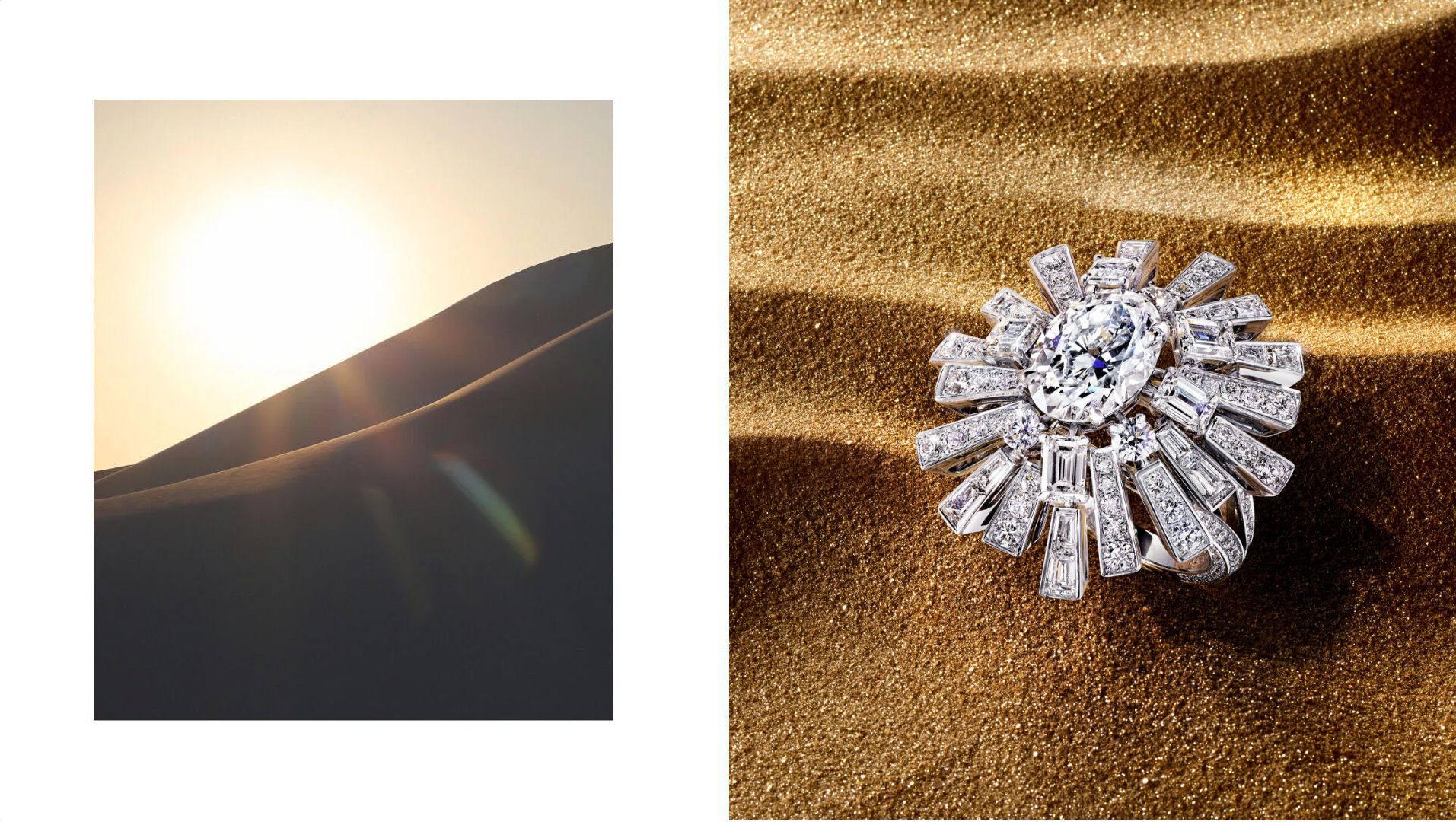 Picture of a model wearing Graff New Dawn collection diamond jewellery and landscape of a desert