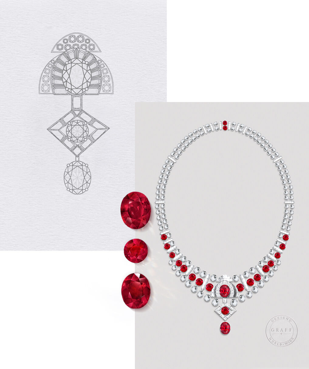 Painting and drawing of Graff Ruby and Diamond High Jewellery Necklace