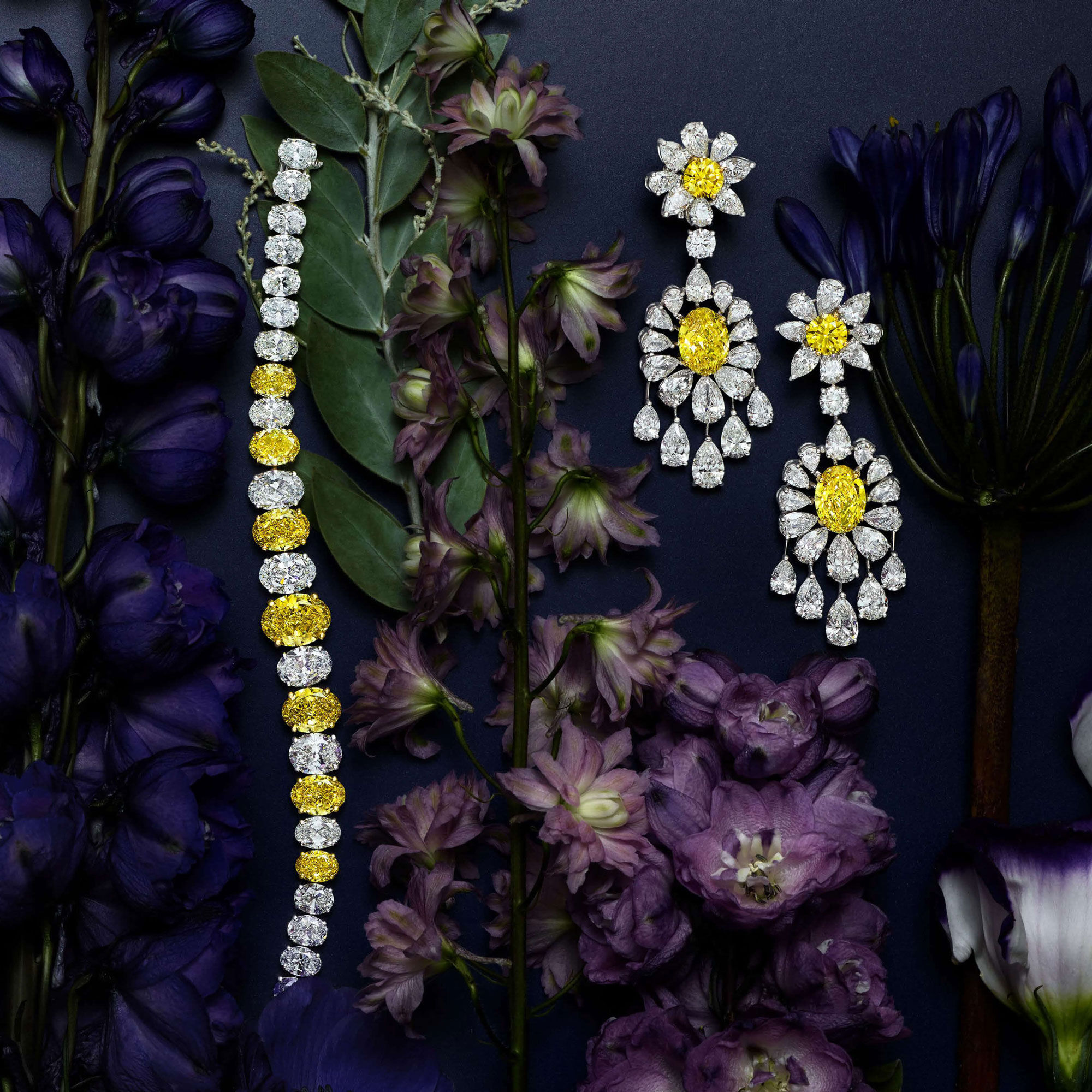 Graff yellow and white diamonds jewellery with flowers