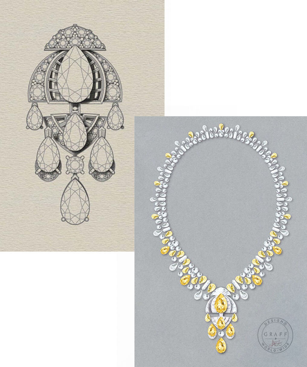 Drawing and Painting of Graff High Jewellery Yellow Diamond and White Diamond Necklace