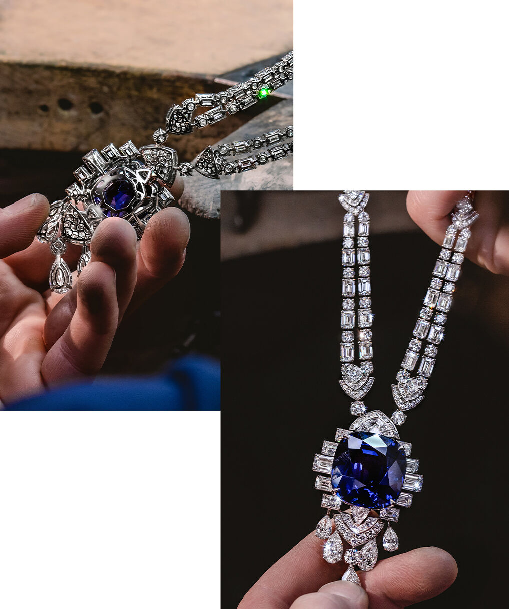 Images of craftsman making of Graff sapphire and white diamond high jewellery