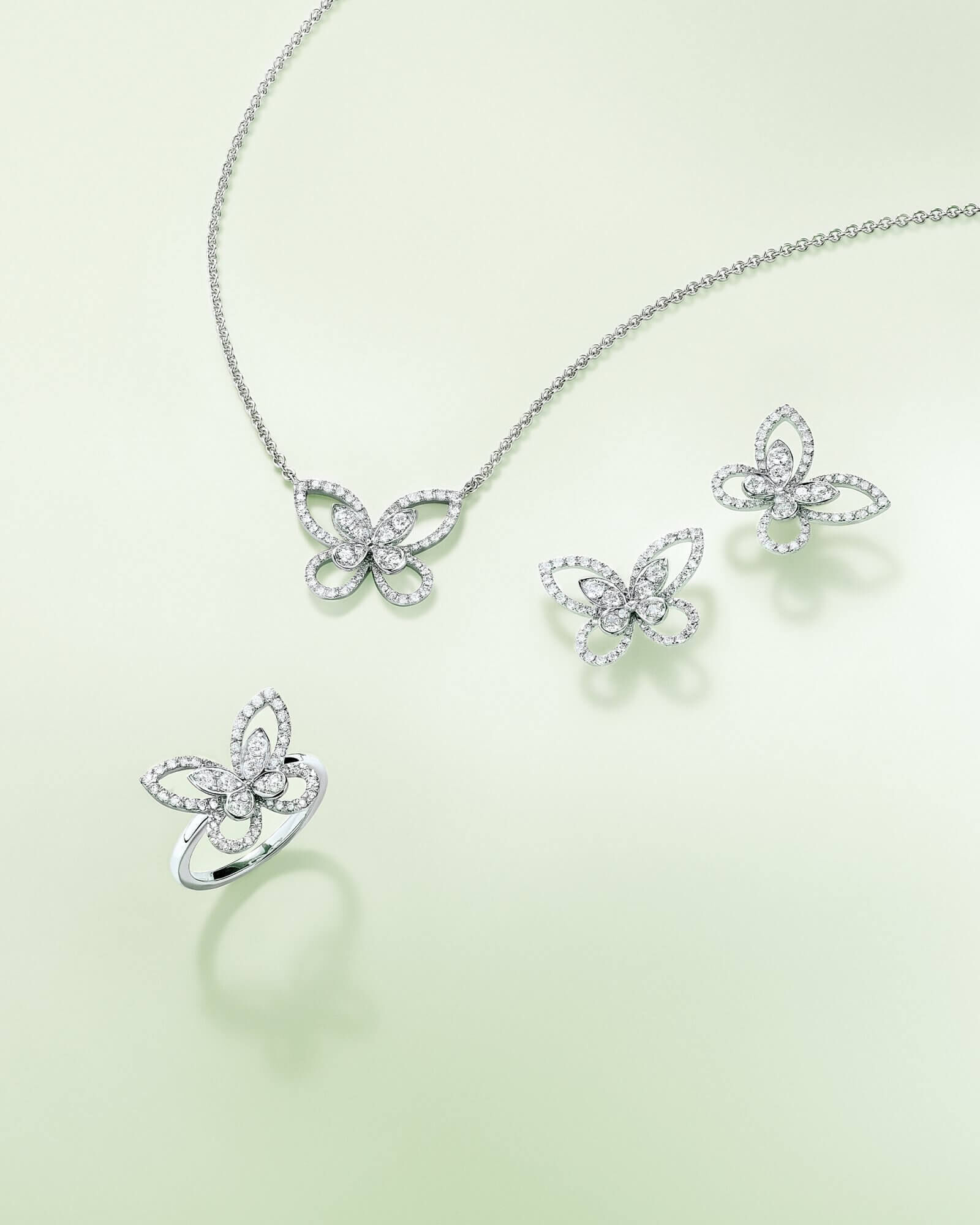 The Graff Butterfly Silhouette colleciton diamond ring, earrings and pendant