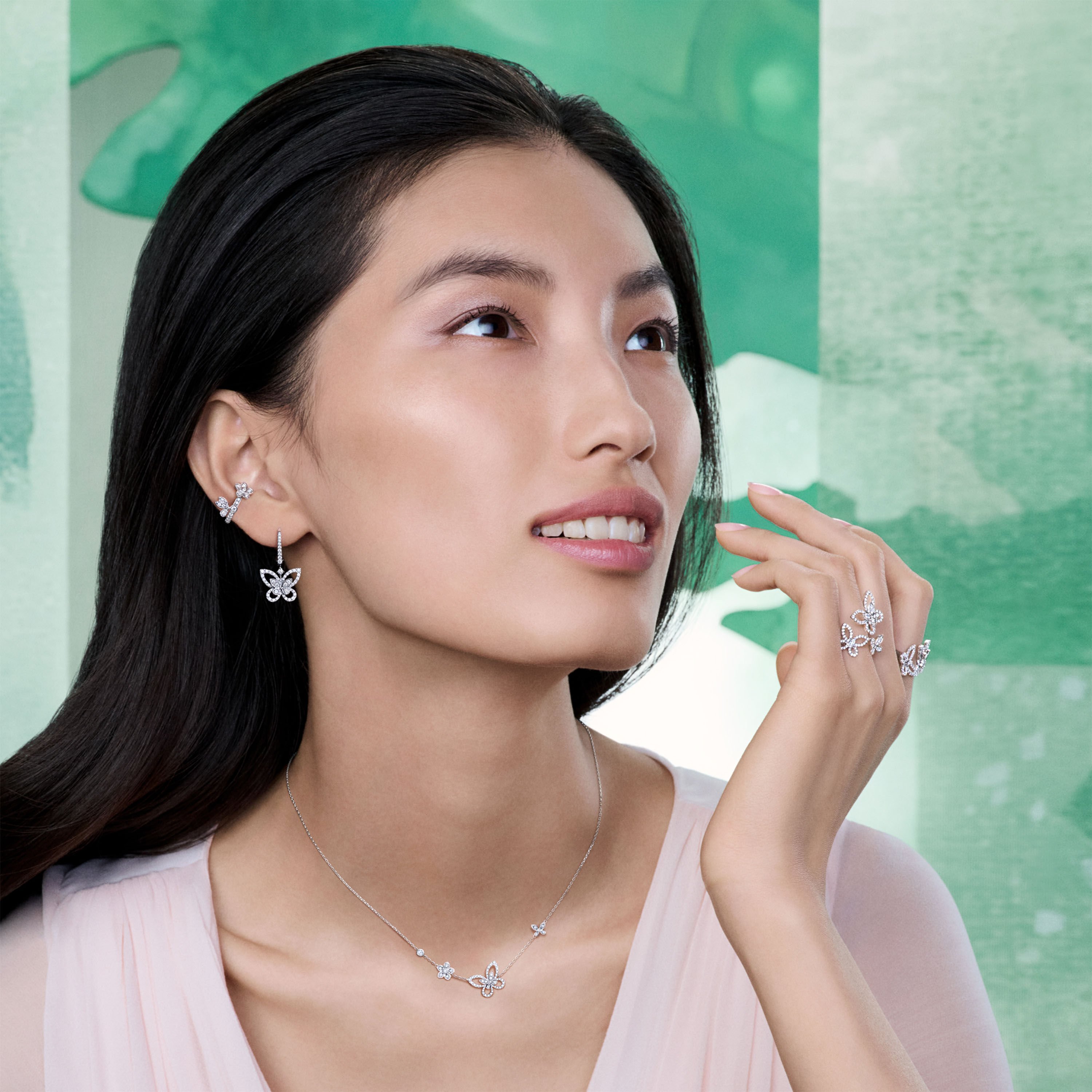 Image shows model wearing Graff Butterfly Diamond Jewellery