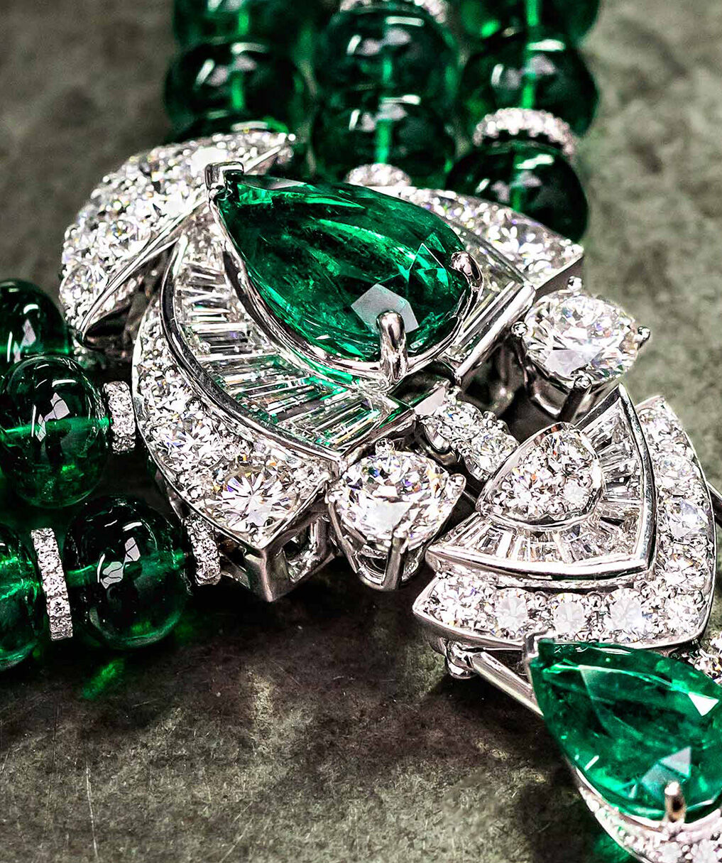 Graff emerald and white diamond high jewellery necklace in Graff workshop