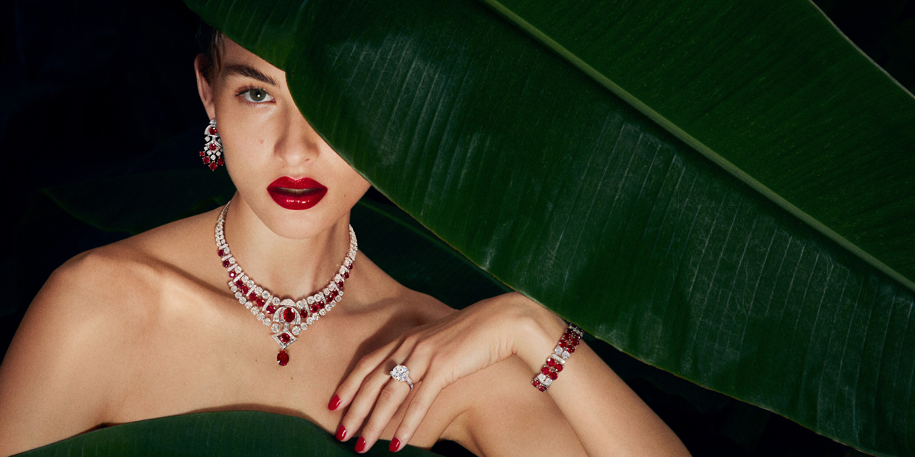 Model wears Graff Ruby and Diamond High Jewellery suite