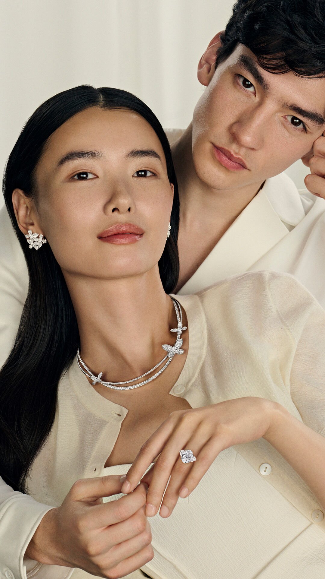 Valentine's Day - images show model wearing Graff Butterfly collection jewellery and male model wearing Graff watch