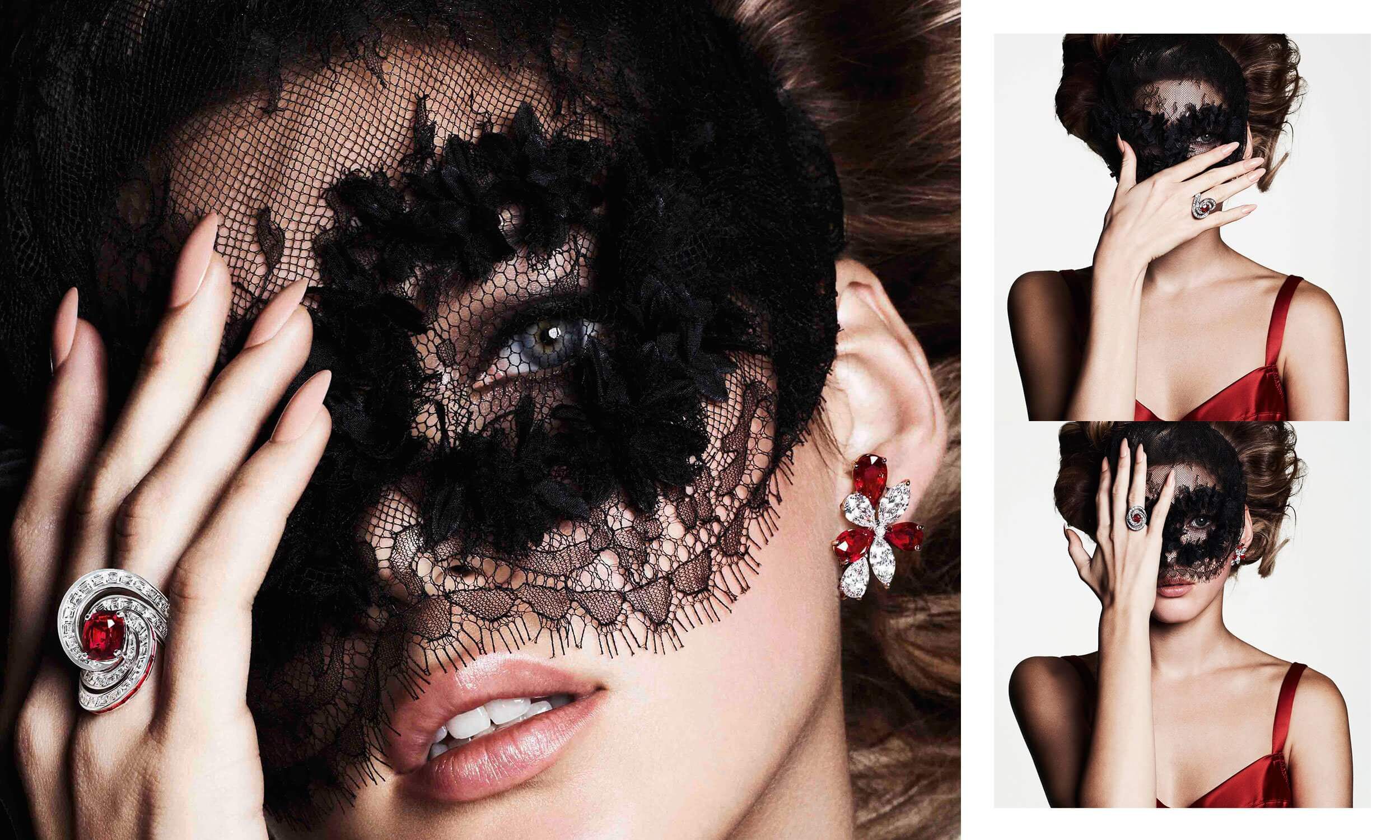 Three images of a model wearing Graff ruby and white diamond high jewellery earrings and ring with a black lace mask