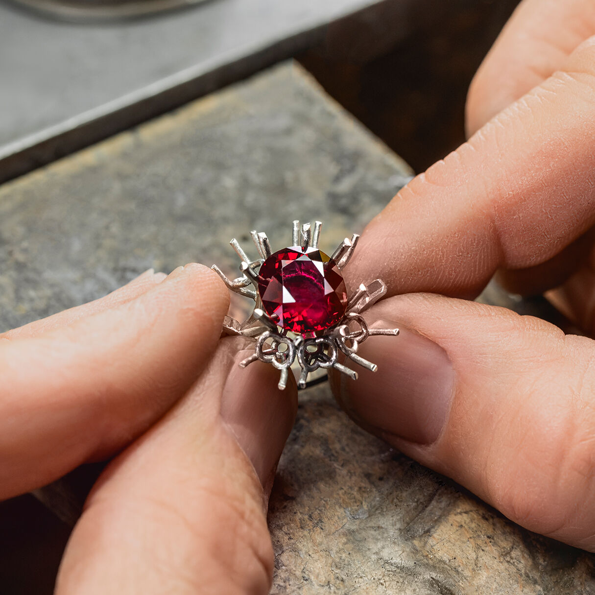 Image of Graff Ruby High Jewellery Ring being created in Graff London workshop