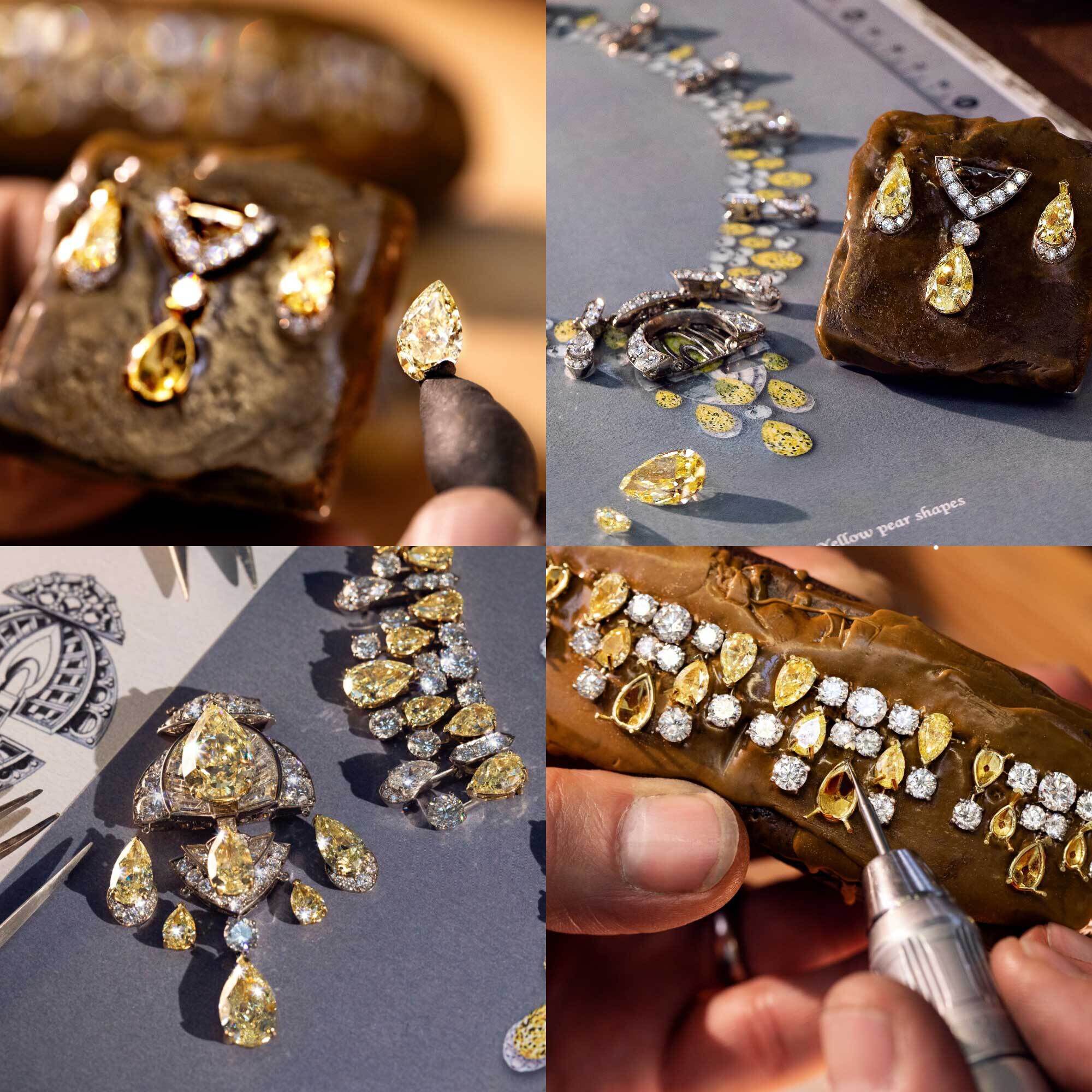 Images of a craftsman making of Graff yellow and white diamond high jewellery in workshop