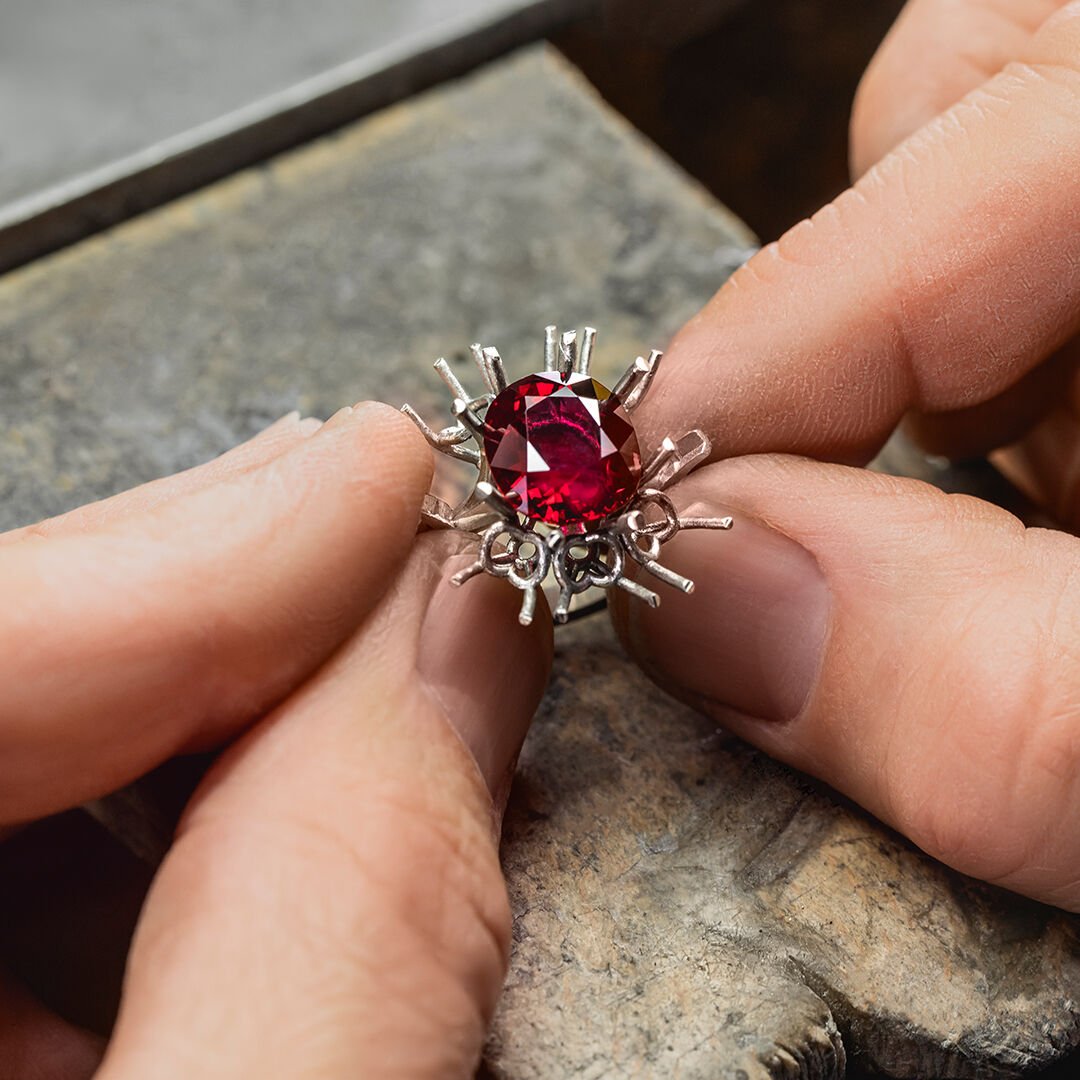 Image of Ruby and White Diamond ring being created in Graff workshop