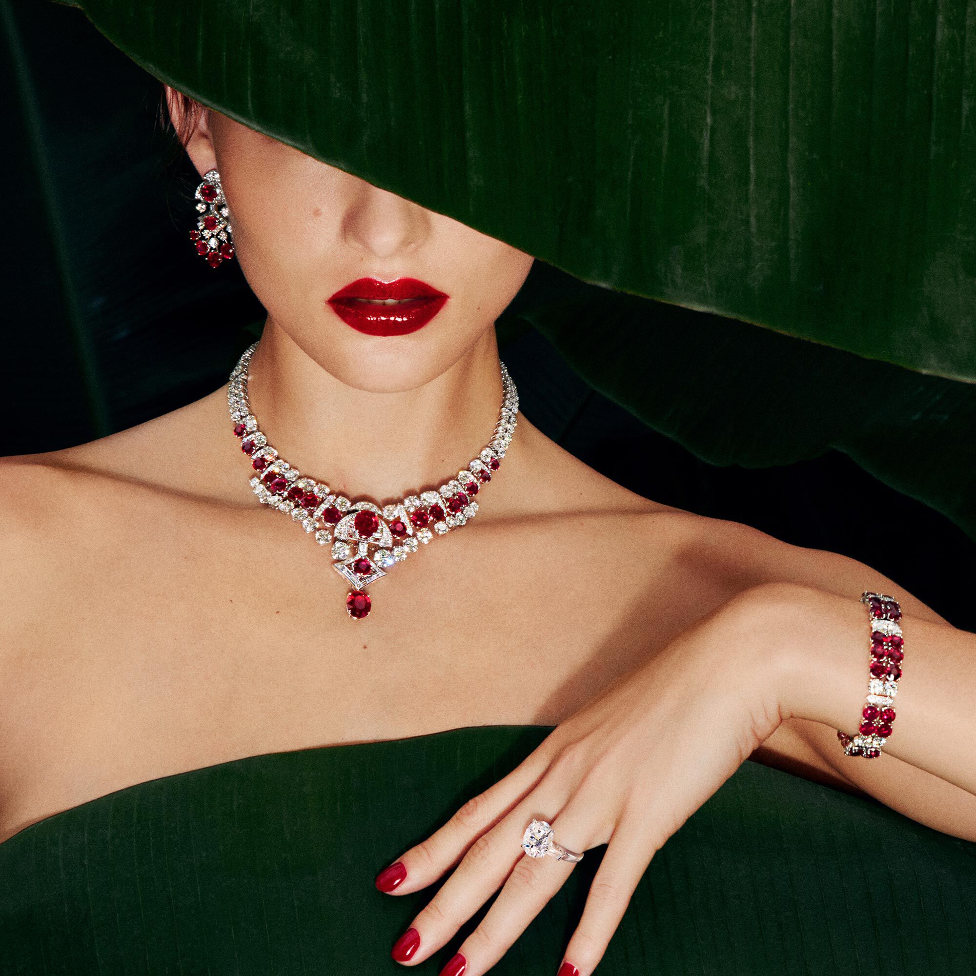 Model wears Graff Ruby and Diamond High Jewellery suite