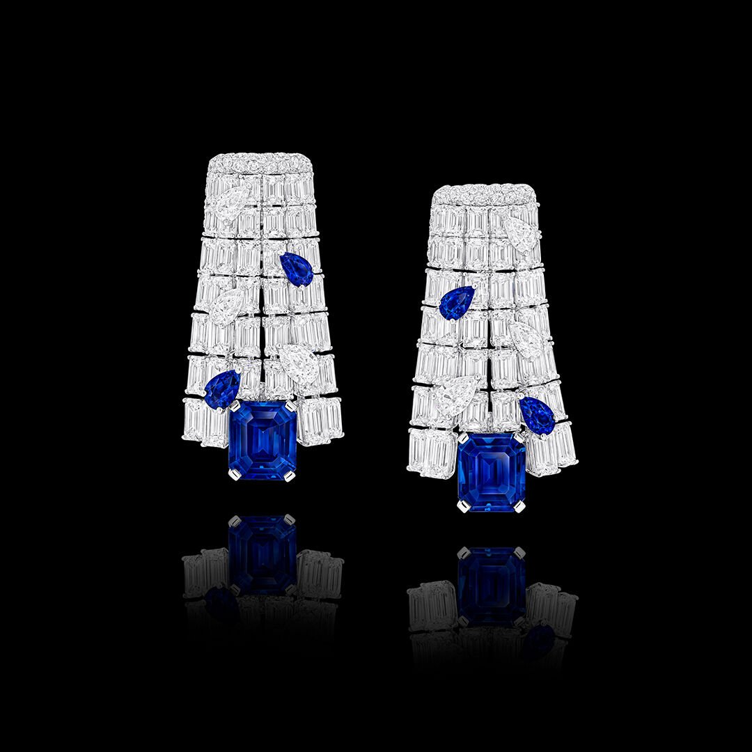 Image shows Graff sapphire and white diamond high jewellery earrings