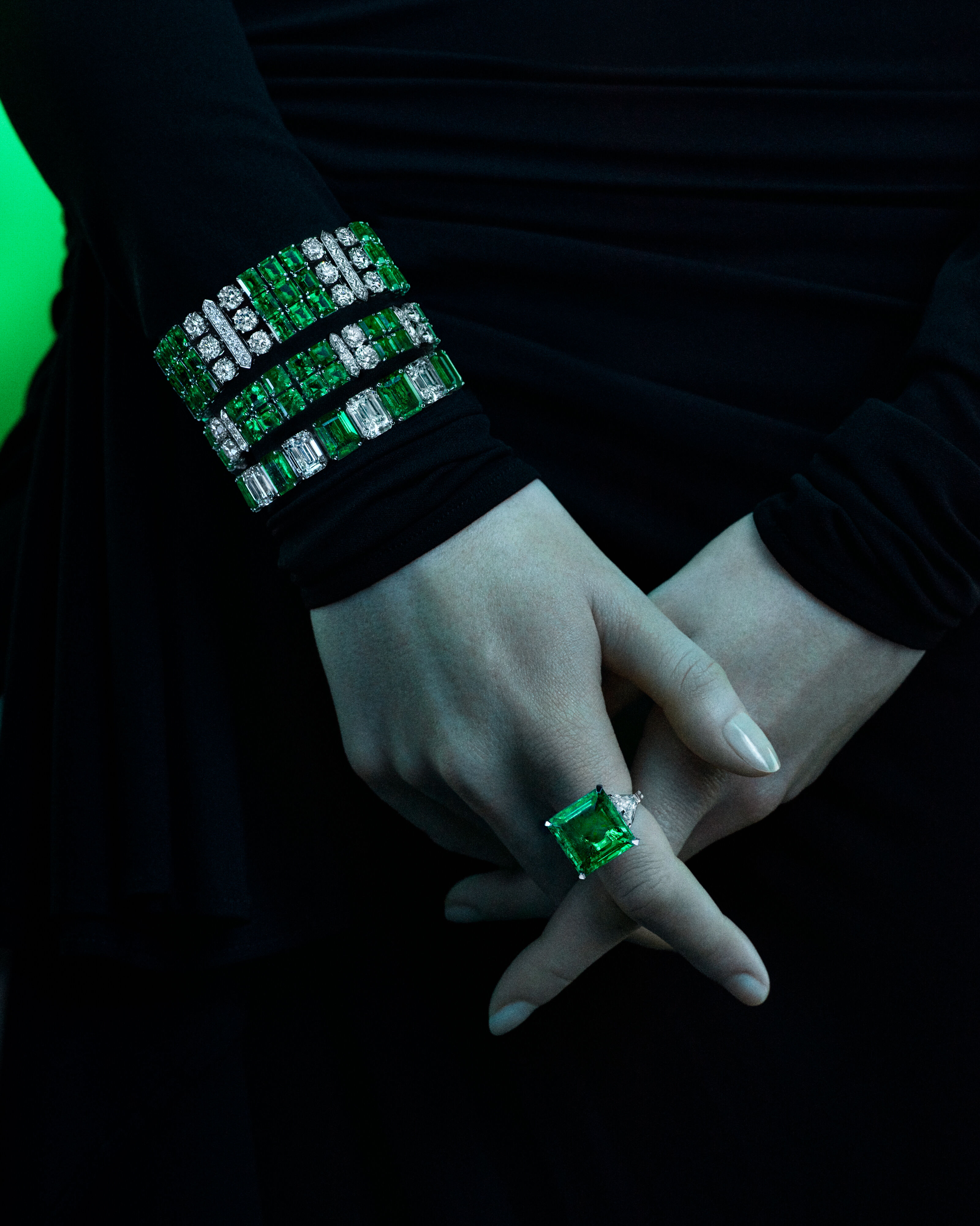 Model wears graff emerald high jewellery